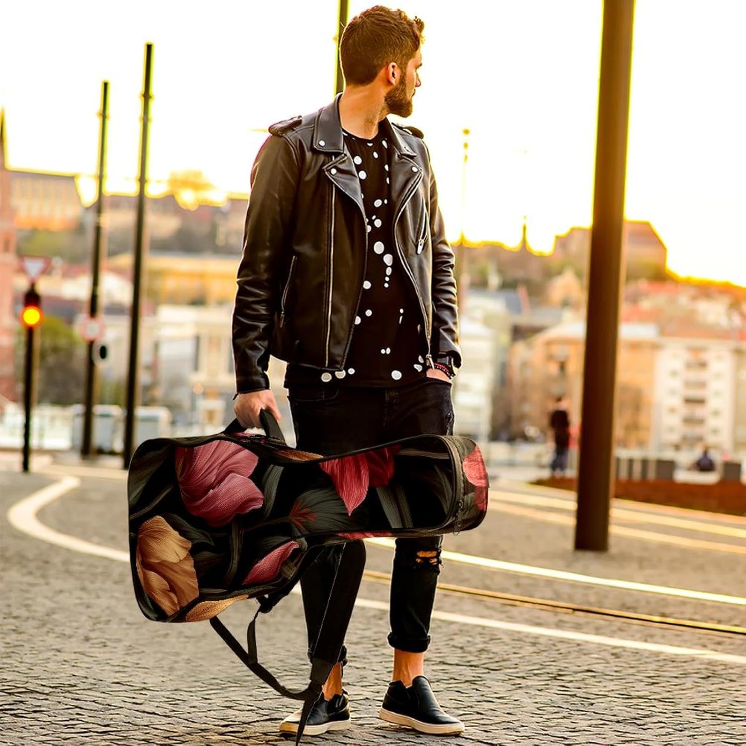 Elegant Tulips on Dark Background Acoustic Guitar Gig Bag, 1 cm Thick Padding Waterproof Guitar Bag Backpack for 40 41 42 Inch Electric Bass Classical Guitars