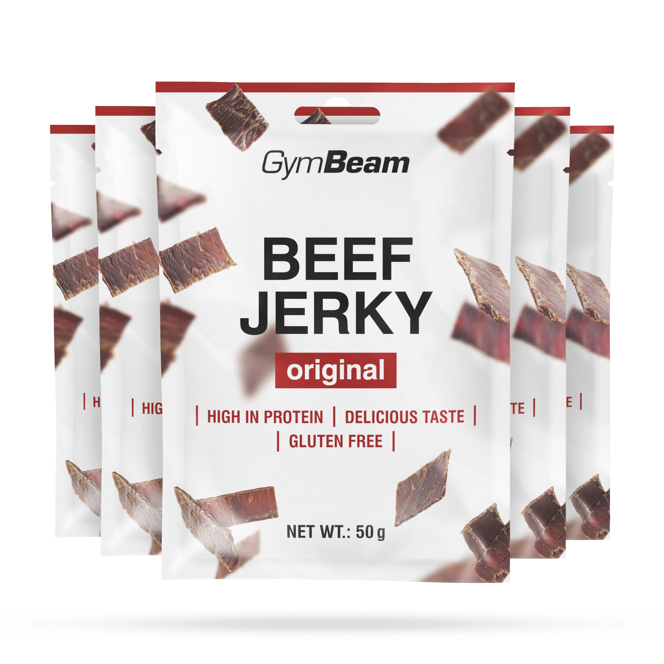 GymBeam Beef Jerky – Hochwertiger Fleischsnack aus Premium-Rindfleisch, gluten- und laktosefrei, mit hohem Eiweißgehalt, ideal für Sportler, lange Haltbarkeit (50 g (5er pack), Original)