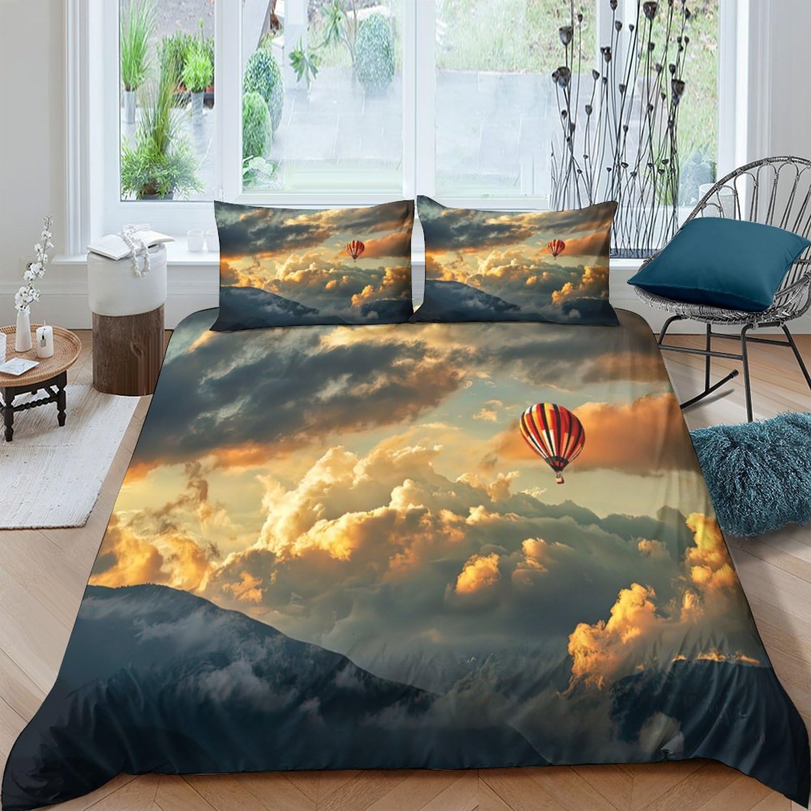 Ctjqhvkz Style-10 3D Printed Sunset Cloud Hot Air Balloon Fitted Sheet Microfiber Soft Non Slip Bed Cover For Bedroom Dorm Decor Single（135X200cm）