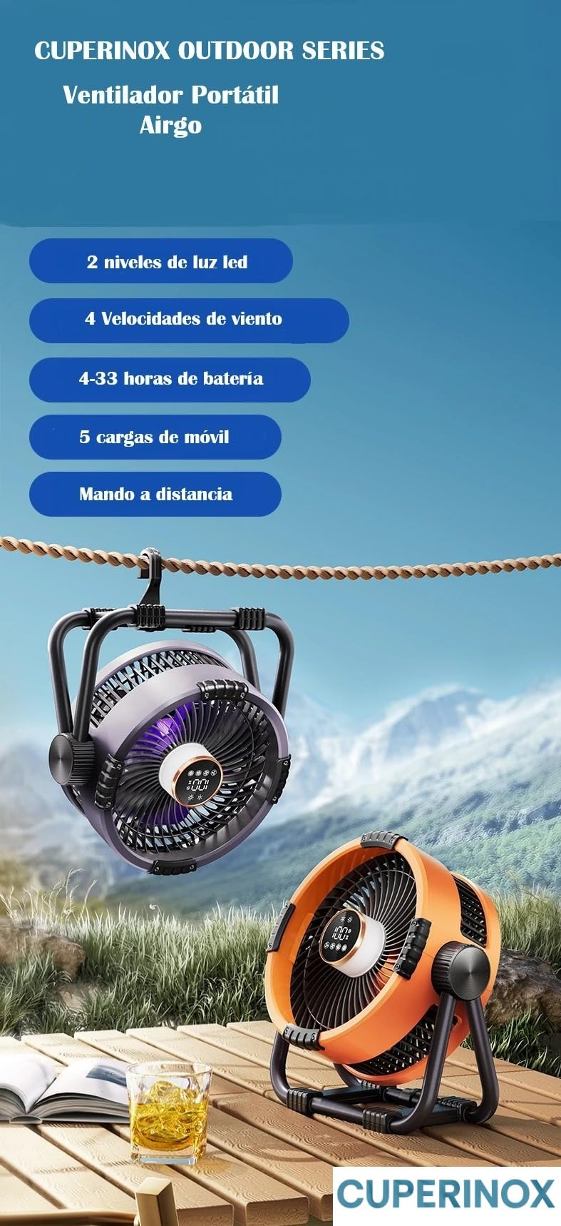 Ventilatore portatile, campeggio, esterno, spiaggia, piscina, festival| 5+ carichi mobili| batteria +48H | 20000mAh | Powerbank, luce LED, telecomando e timer