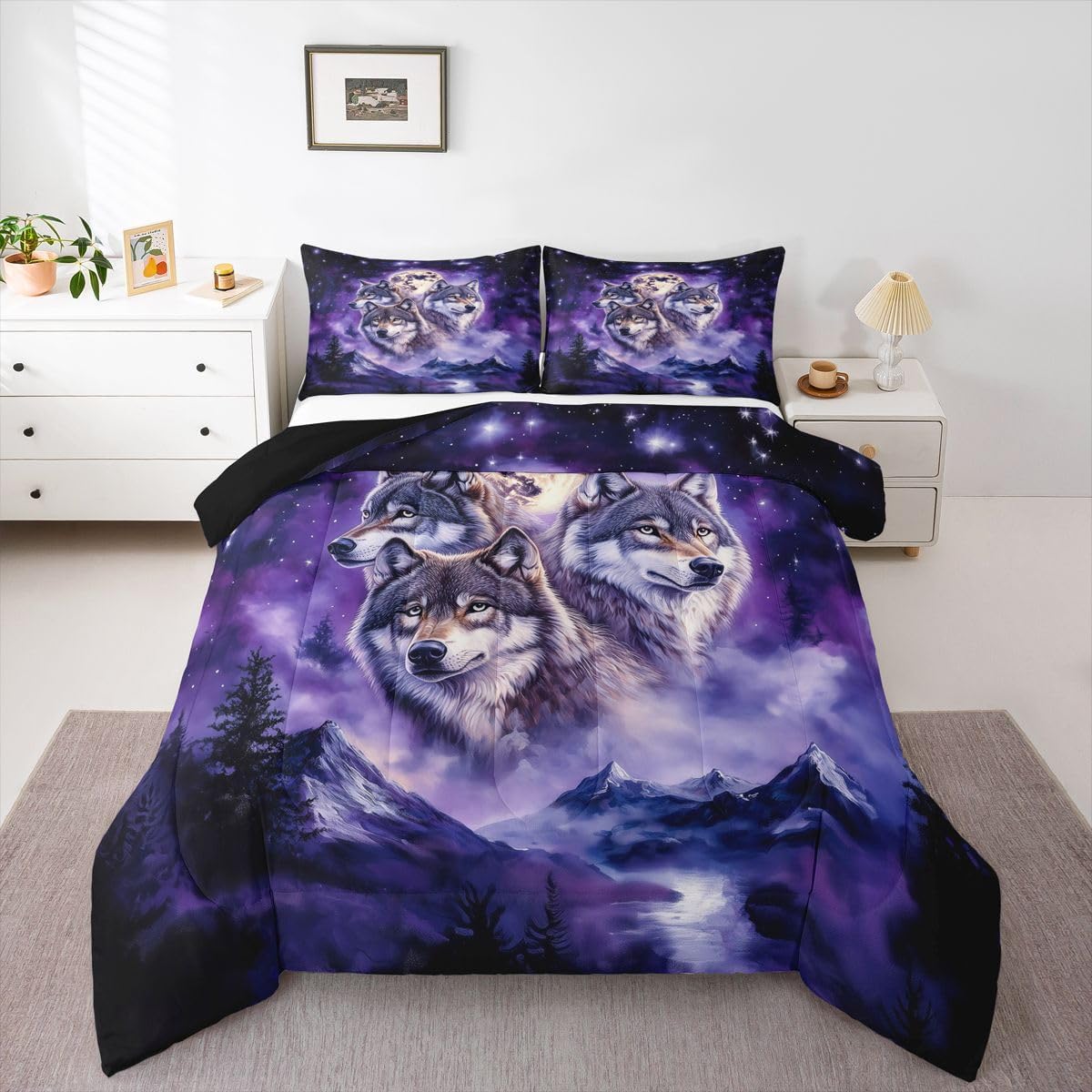 Feelyou Wolf Bedding Set Soft for Boys Girls, Night Galaxy Starry Wolf Comforter Set Queen Size Wild Animals Duvet Quilt Microfiber Mountain Moon Bedroom Decor 3 Pcs with 2 Pillow Cases