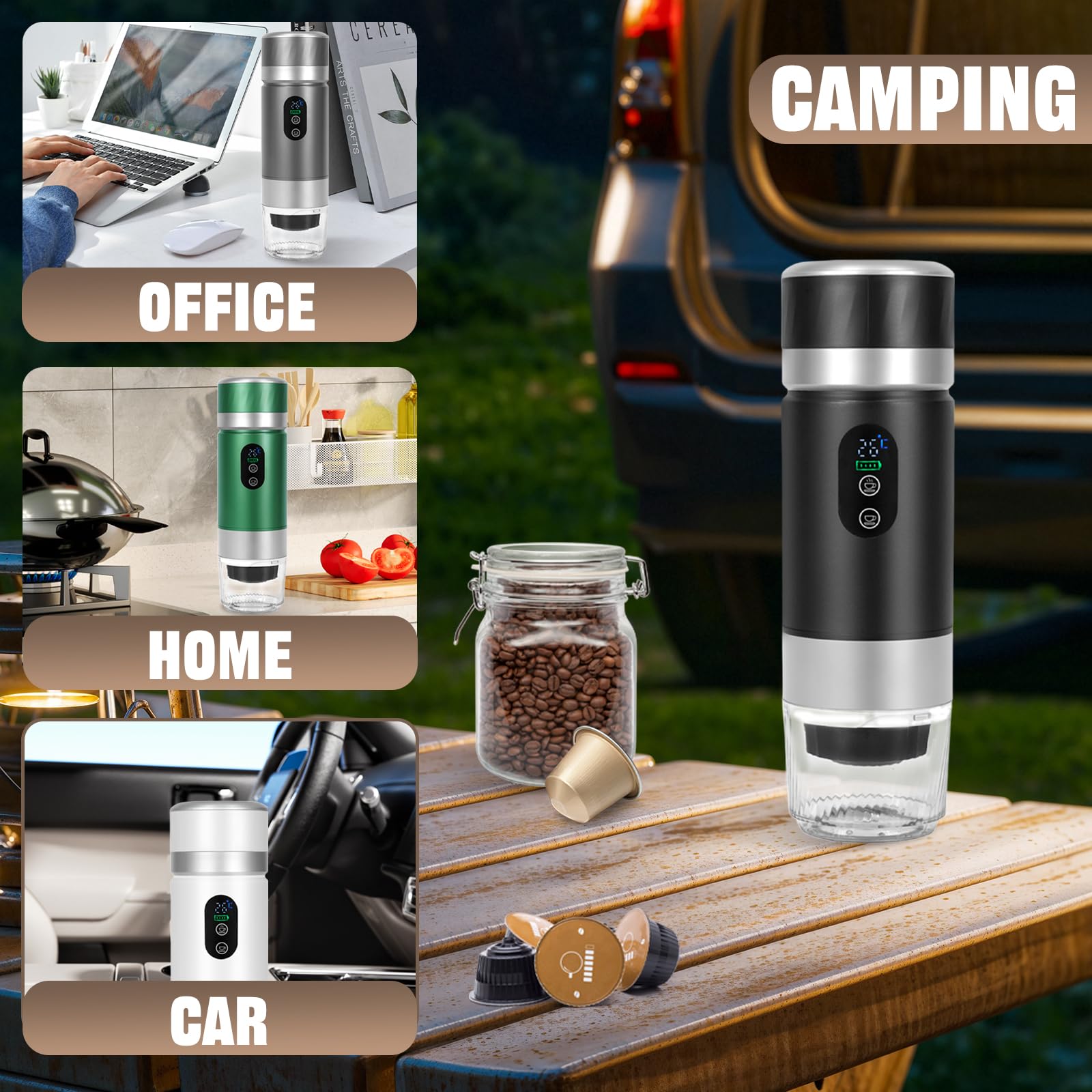 Cafetera de Cápsulas Portátil, 3 en 1 Cafetera Espresso para Cápsulas y Café Molido, Máquina de Espresso Eléctrica de Calentamiento Rápido para Oficina, Viaje, Camping y Hogar (Negro)
