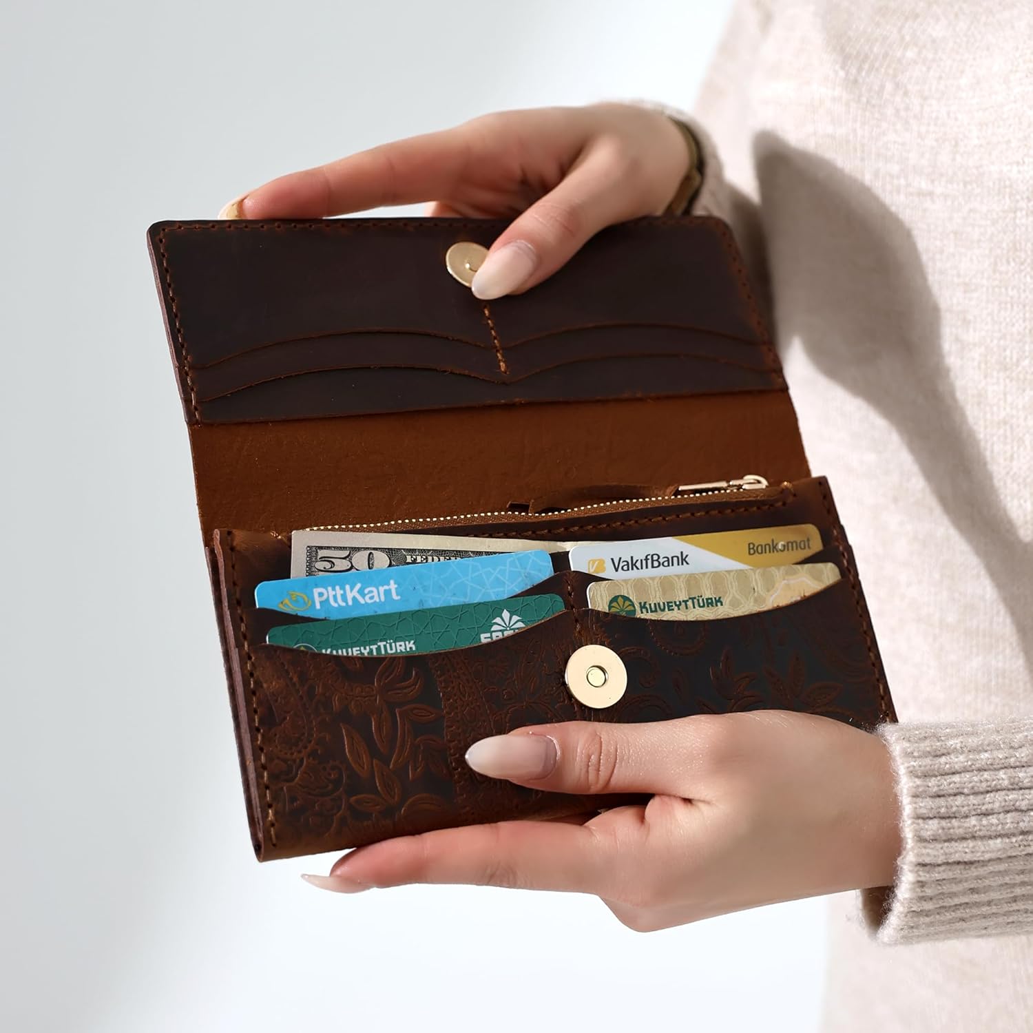 Genuine Leather Handmade Wallet for Women Large Capacity Credit Card Holder Ladies Bifold Long Clutch Handbag Slim Minimalist Western Purse with Zipper Pocket - Image 6