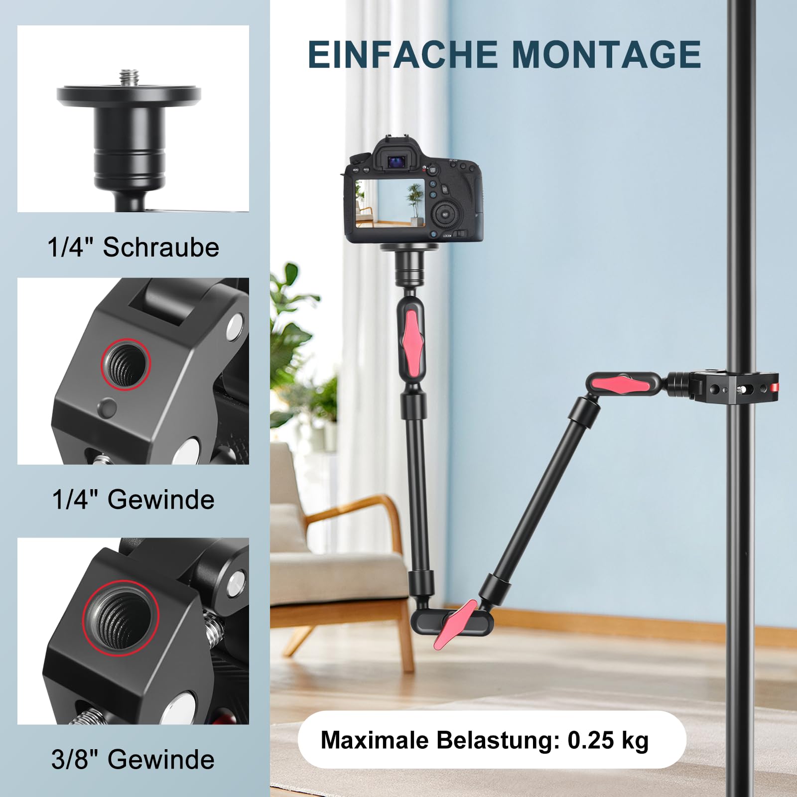 Magic arm con super morsetto, 23''/59cm supporto fotocamera con vite da 1/4" 3/8" per action camera luce video (B)