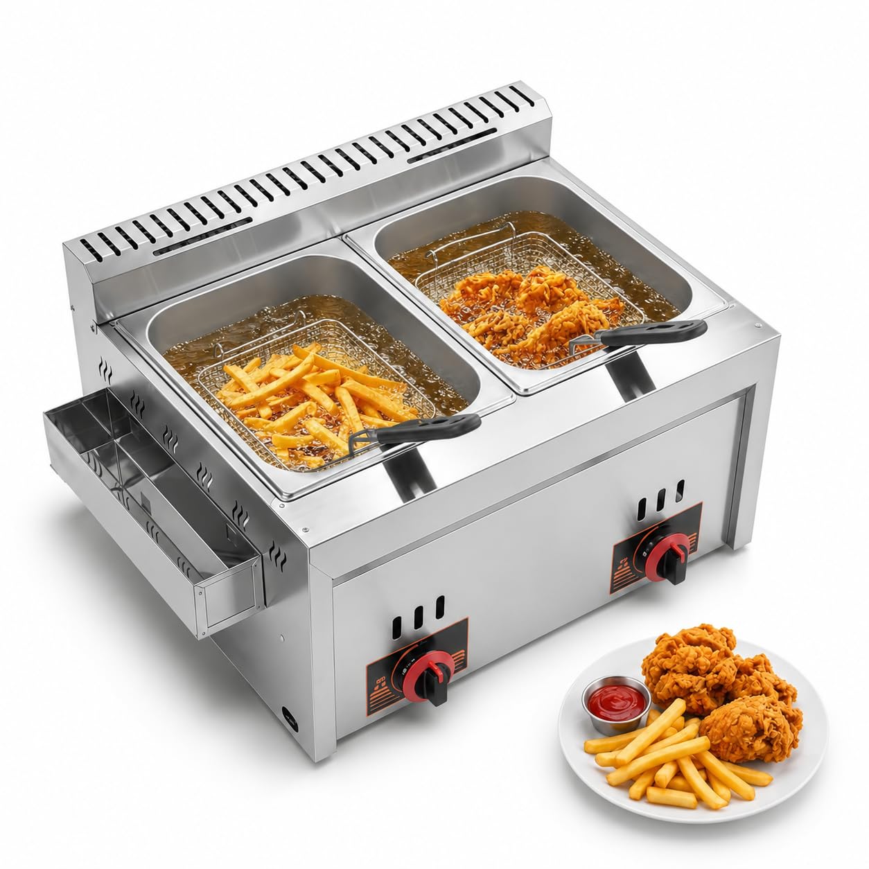 Friggitrice a gas professionale, friggitrice a gas, 8 l, 2 cestini rimovibili, temperatura regolabile, acciaio inossidabile alimentare, per ristorante, snack bar, cibo e uso domestico (8 l+8 l)