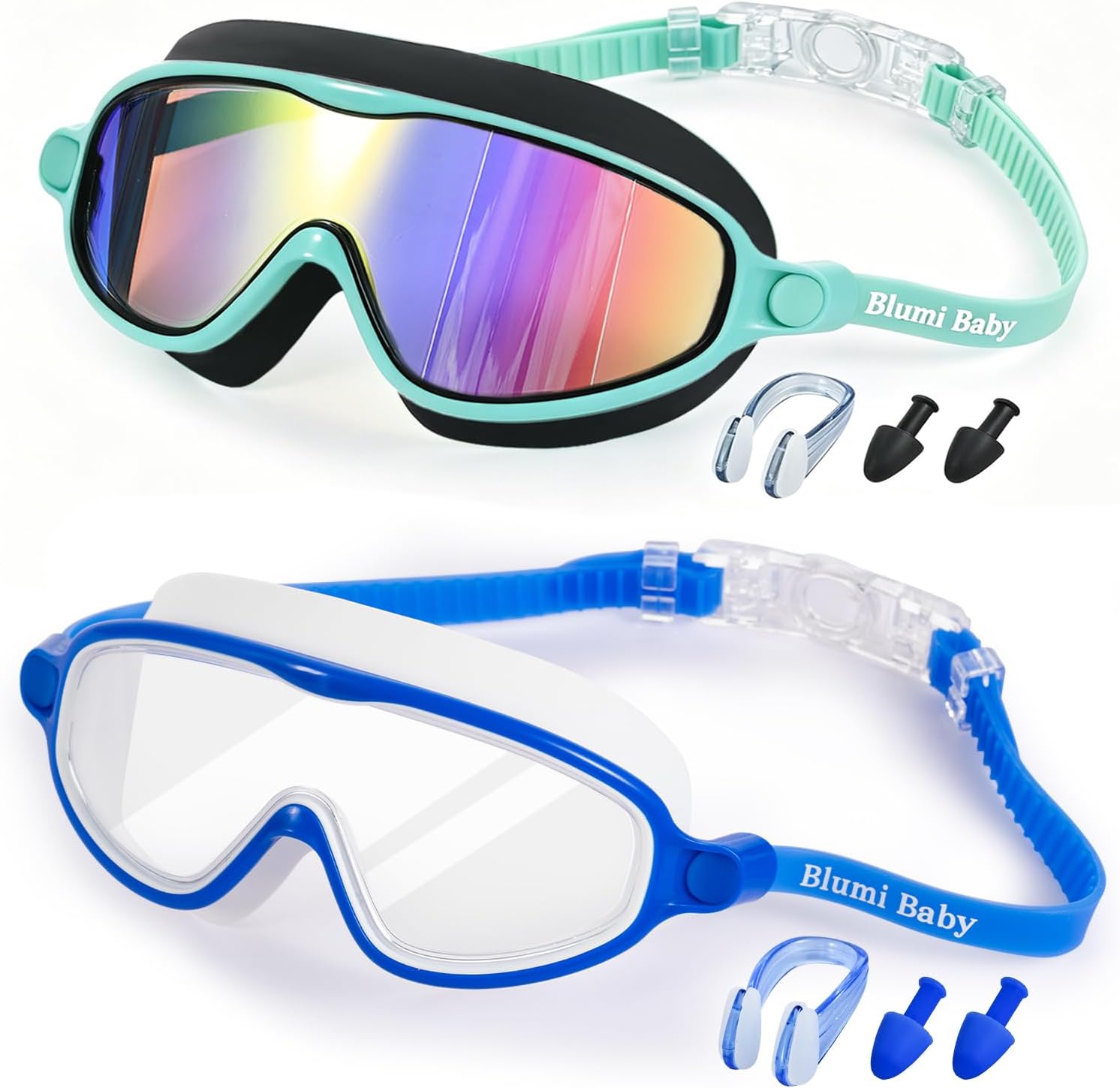 Blumi Goggles Kids, 2 Pack, Ages 3-14, Wide View, Anti-Fog Anti-UV, One-Button Quick Release, No Hair Tangling