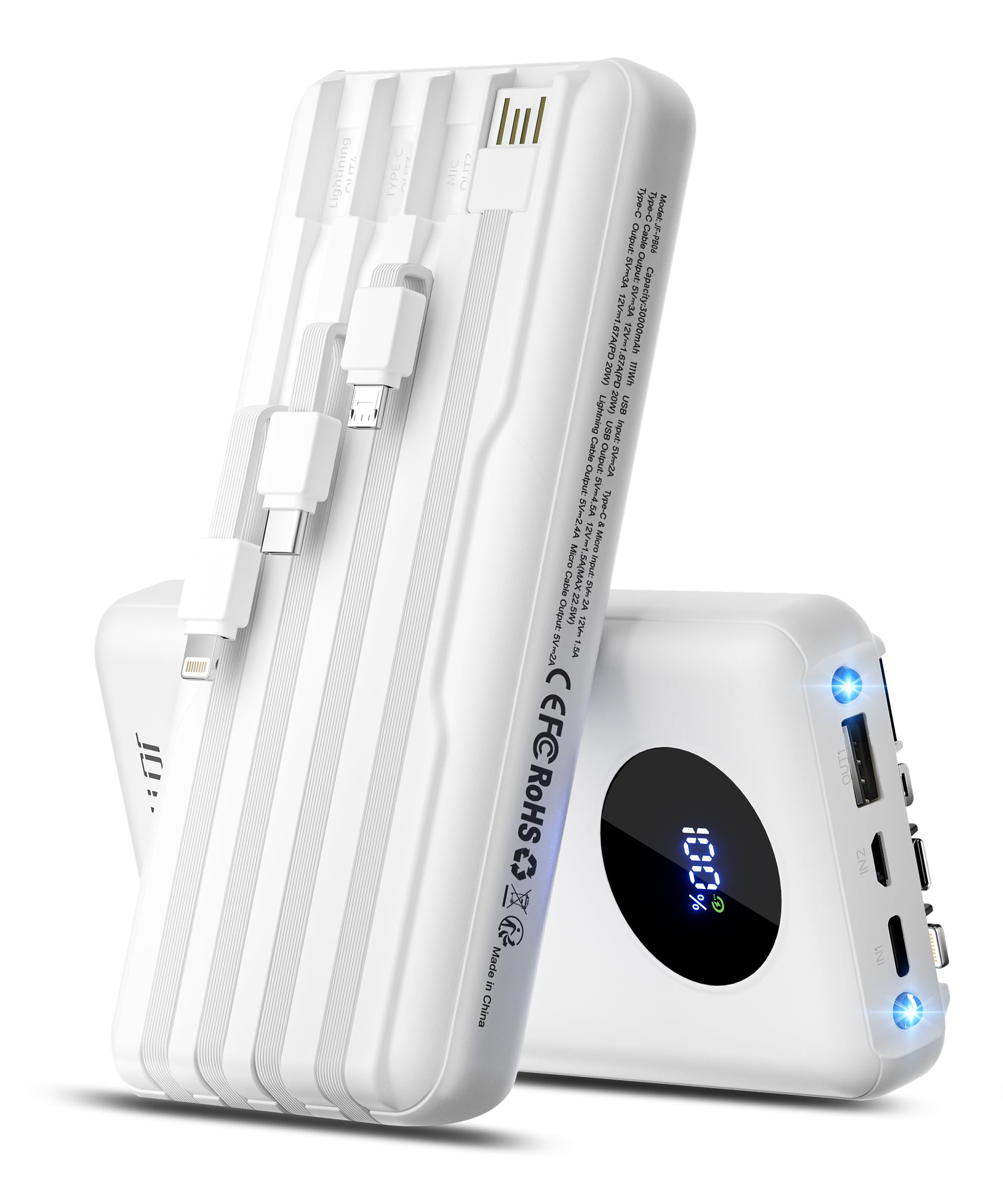 JOYFAR Portable-Charger-Power-Bank Travel Essentials Battery Pack USB C 30000mAh Built in Cable 22.5W Phone Fast Charging Powerbank Compatible with iPhone 16 15 14 13 12 11 iPad Google (White)
