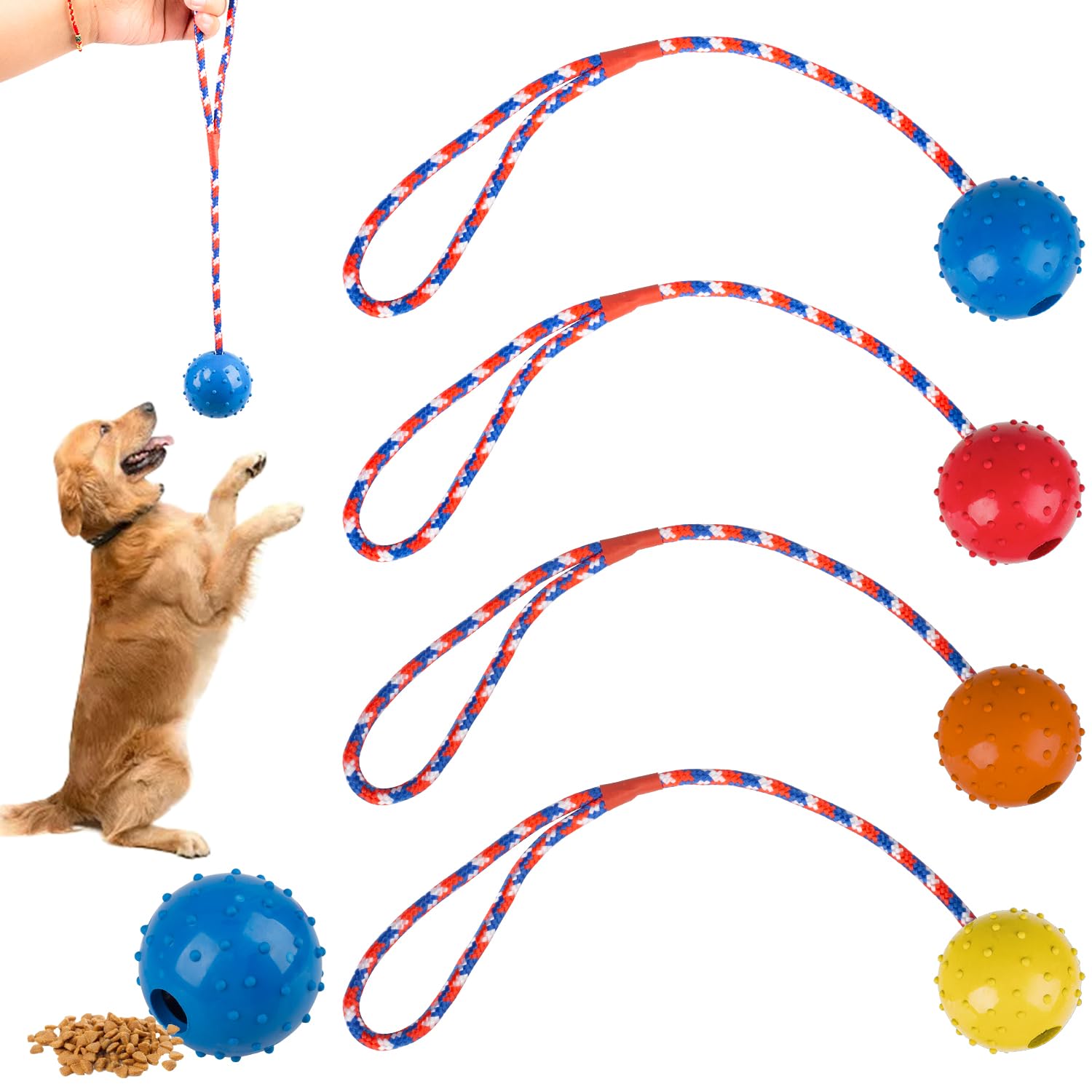 Rdlobu 4 Stück Ball mit Schnur Hund, Wurfball für Hunde, Hundeball mit Schnur Naturkautschuk, Interaktiver Hundespielzeug Ball mit Seil, Ball Hundespielzeug Unzerstörbar zum Apportieren,Fangen,Werfen