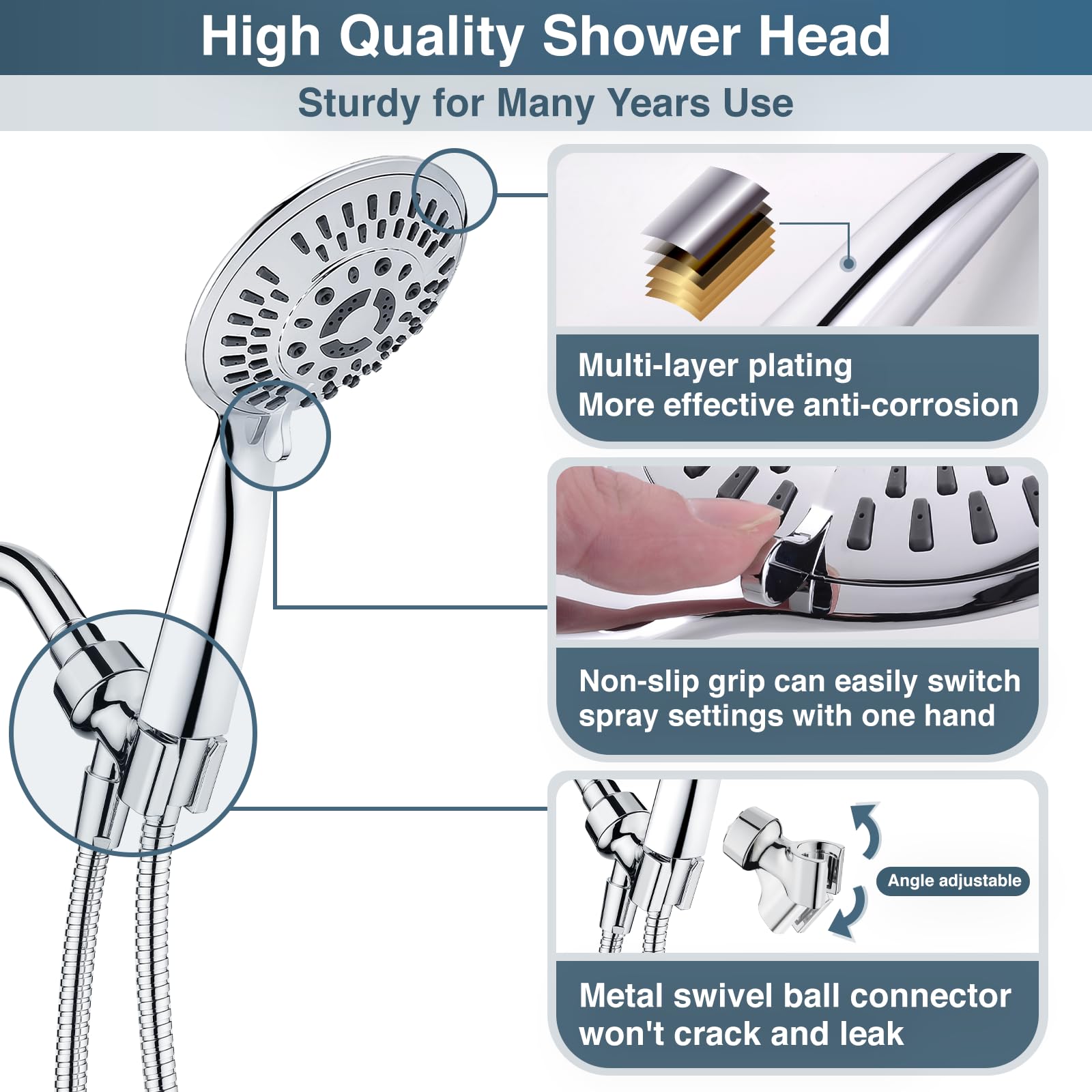 BRIGHT SHOWERS Juego de cabezal de ducha de mano cromado de alta presión con 9 ajustes de pulverización, manguera de ducha flexible de 60 pulgadas y soporte de montaje de brazo de ducha ajustable