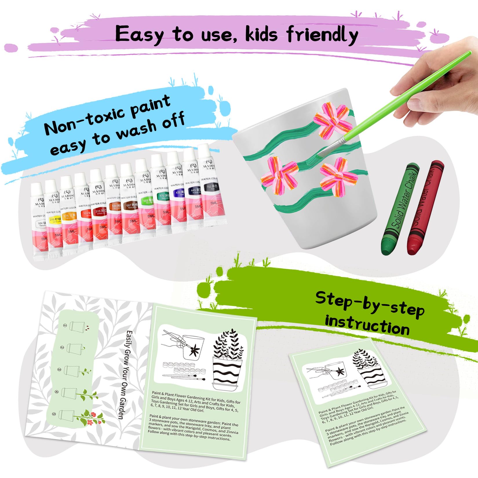 Kit di Giardinaggio per Bambini Pittura e Piantagione Giocattolo Fiori per Ragazze e Ragazzi, Regalo Vasi per Fiori Artigianato Set Coltivare e Piantare per Bambini di 4 5 6 7 8 9 10 11 12 13 14 Anni