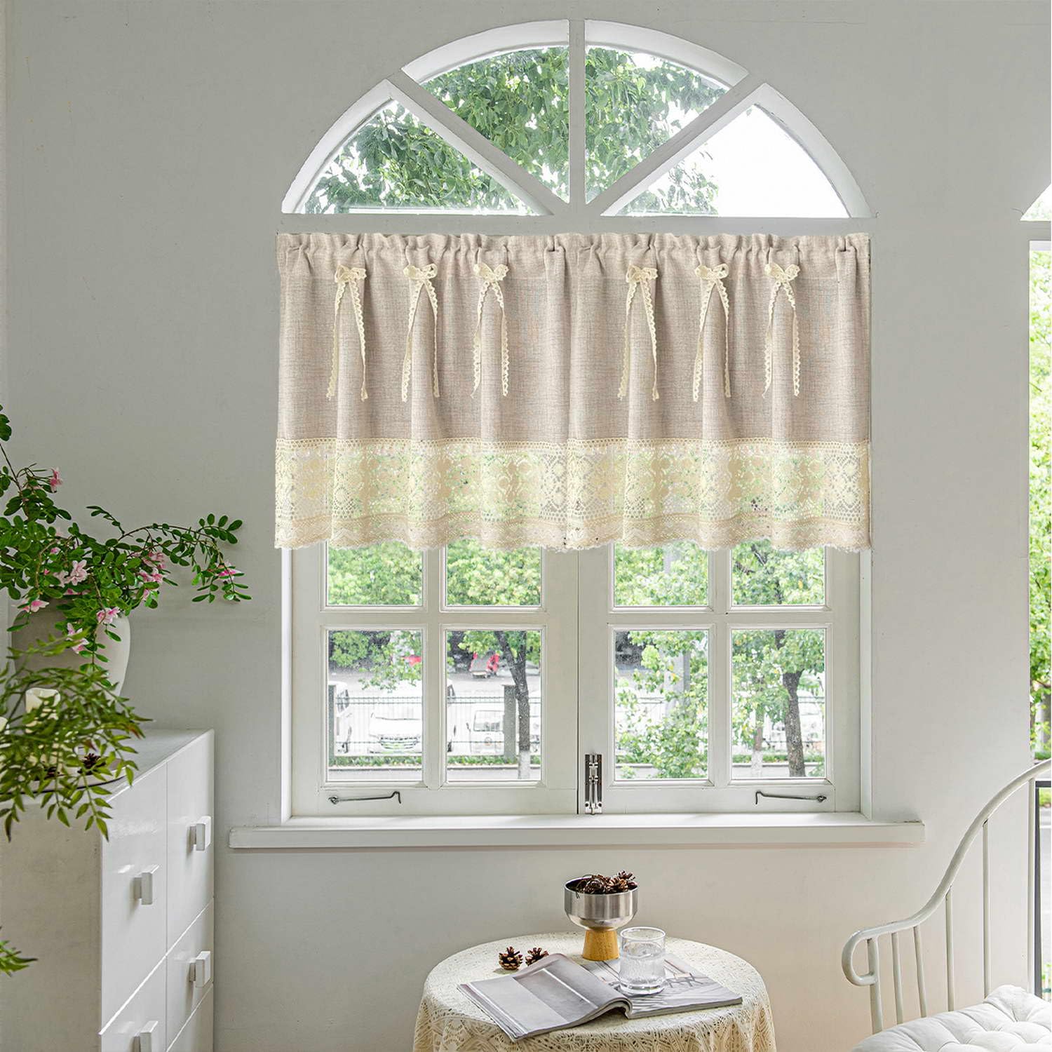 Gxi Faux Linen Valance Crochet Hemline for Windows Bow Kitchen Curtain Rod Pocket Farmhouse Country Rustic Bathroom Small Window Treatment Living Room (1pc 79x24 inch, Natural)