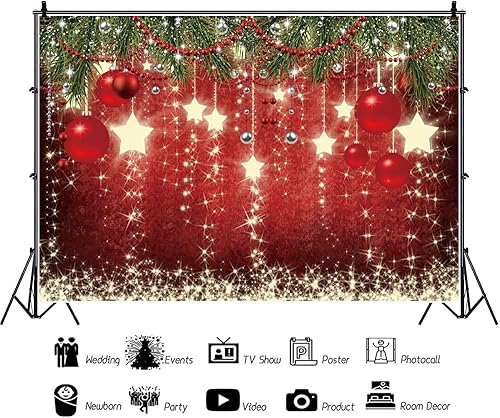 Miniatura 2 de Telón de fondo de Navidad de 8 x 6 pies, bola roja, árbol de Navidad, estrellas con purpurina, fondo de fotografía, diseño de fiesta de Navidad,