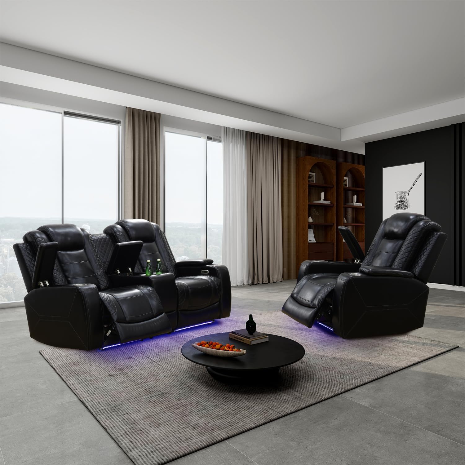 Power Recliner Sofa Set with LED Lights for Living Room Furniture Set, Off White Leather Reclining Couch Set, Recliner Couch with USB Port and Cup Holders, Loveseat and Chair