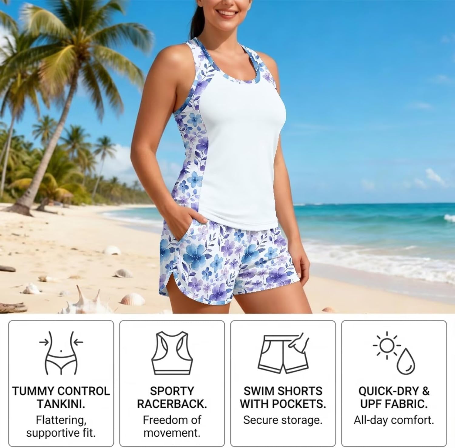 Womens Tankini Sets Two Piece Swimsuits with Shorts & Pockets Summer Beach Outfits Sporty Swim Shorts S-6XL