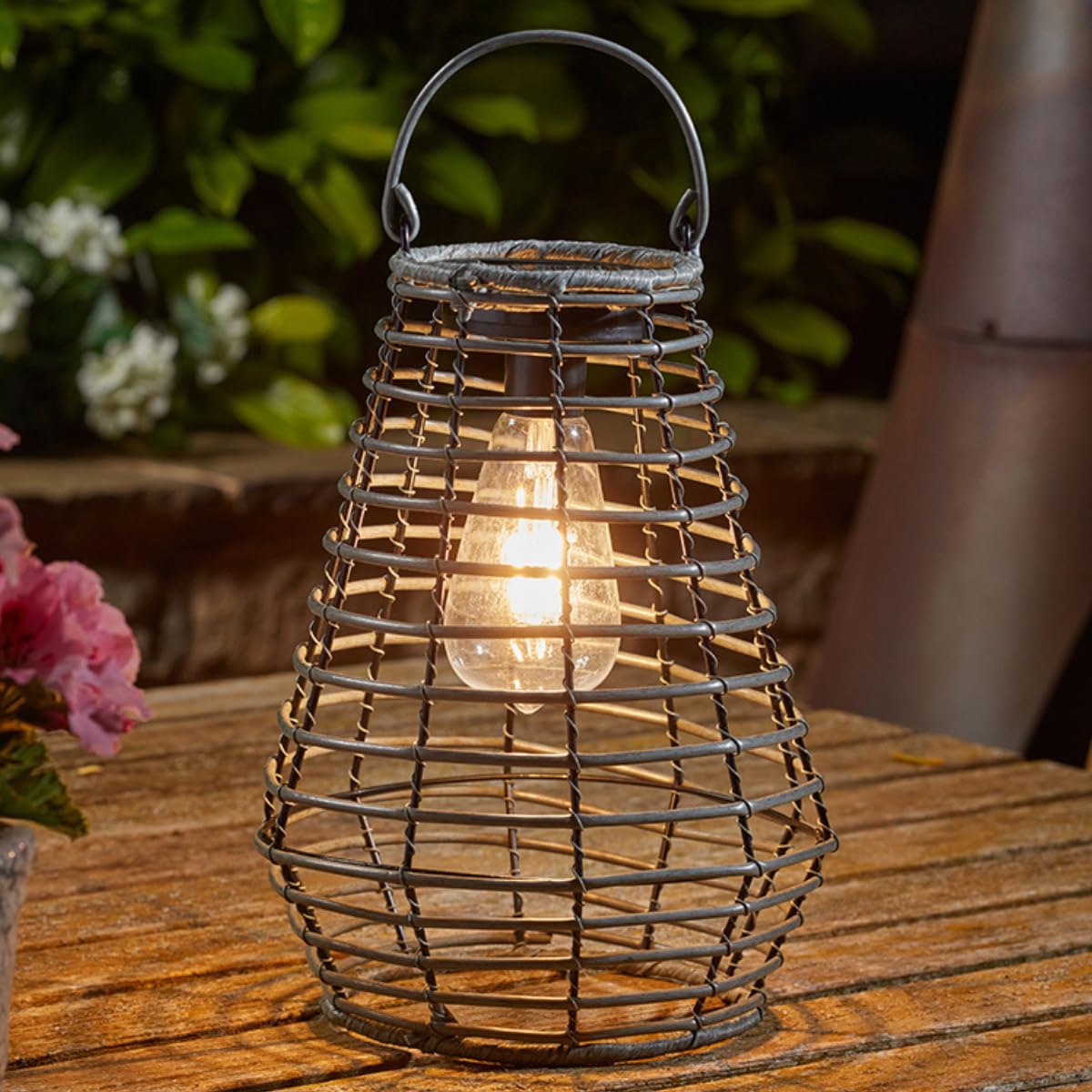 Festive Lights - 26.5cm Solar Grey Maris Rattan Effect Hanging Garden Lantern - Outdoor Filament Style LED Warm White Light, Faux Wicker - IP44 Weather Resistant Decor for Pergolas & Tables