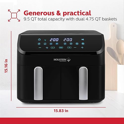 Miniatura 7 de Holstein Housewares 9.5 QT Freidora de aire digital de canasta doble, controles independientes - antiadherente, cocina saludable con menos aceite, 8