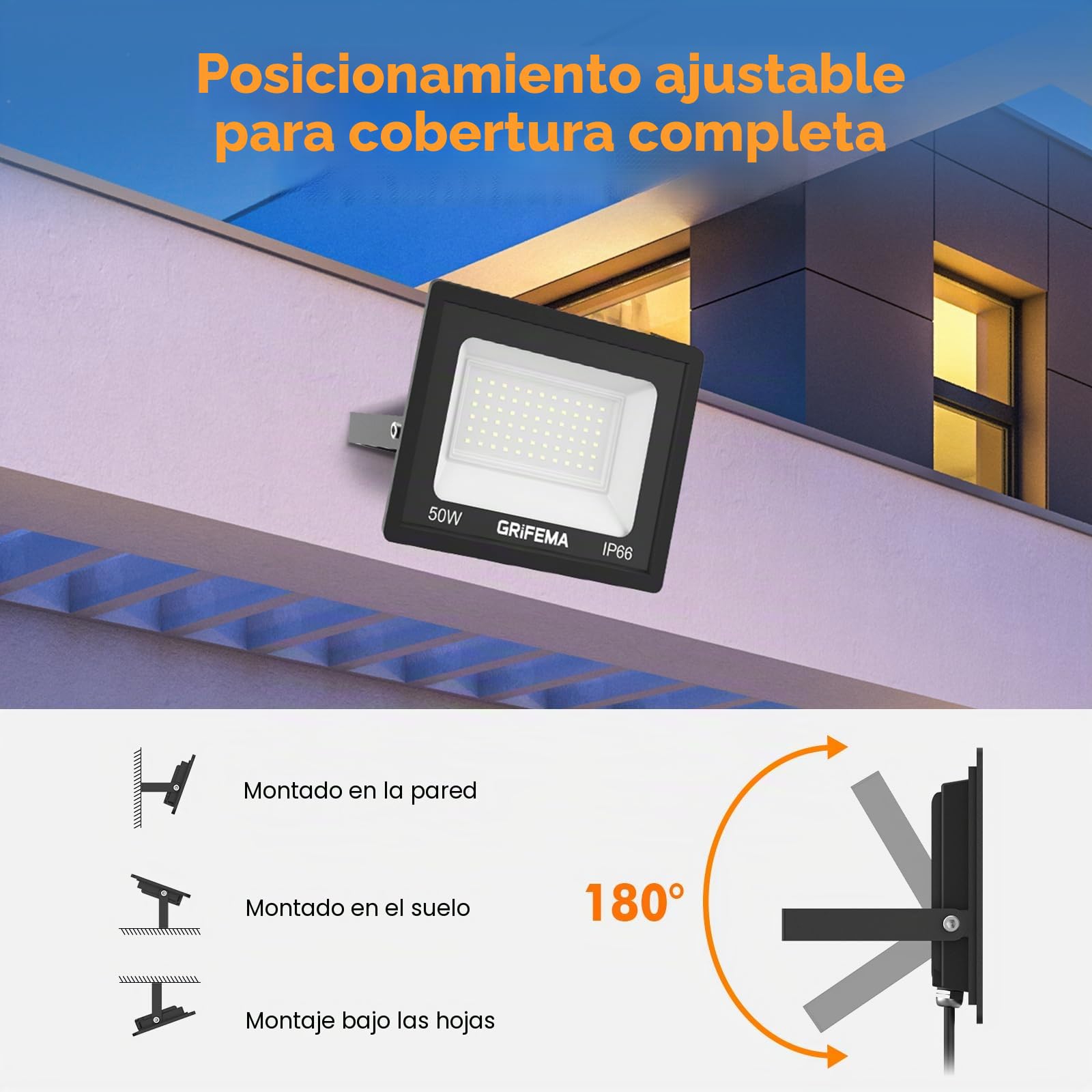 GRIFEMA Focos LED Exterior 50W, 5500LM Foco Proyector LED, 60 LED 6500K Blanco Frío Floodlight para Casa, Garaje, Patio, Camino, Jardín, Sin Enchufe (Paquete de 4)
