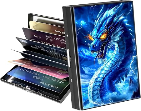 Metal Wallet,Credit Card Holder for Women Men,RFID Blocking Card Holder Mini Slim Aluminum Wallet ID Case Hard Case Business Card Holder Case,Blue Glitter Dragon