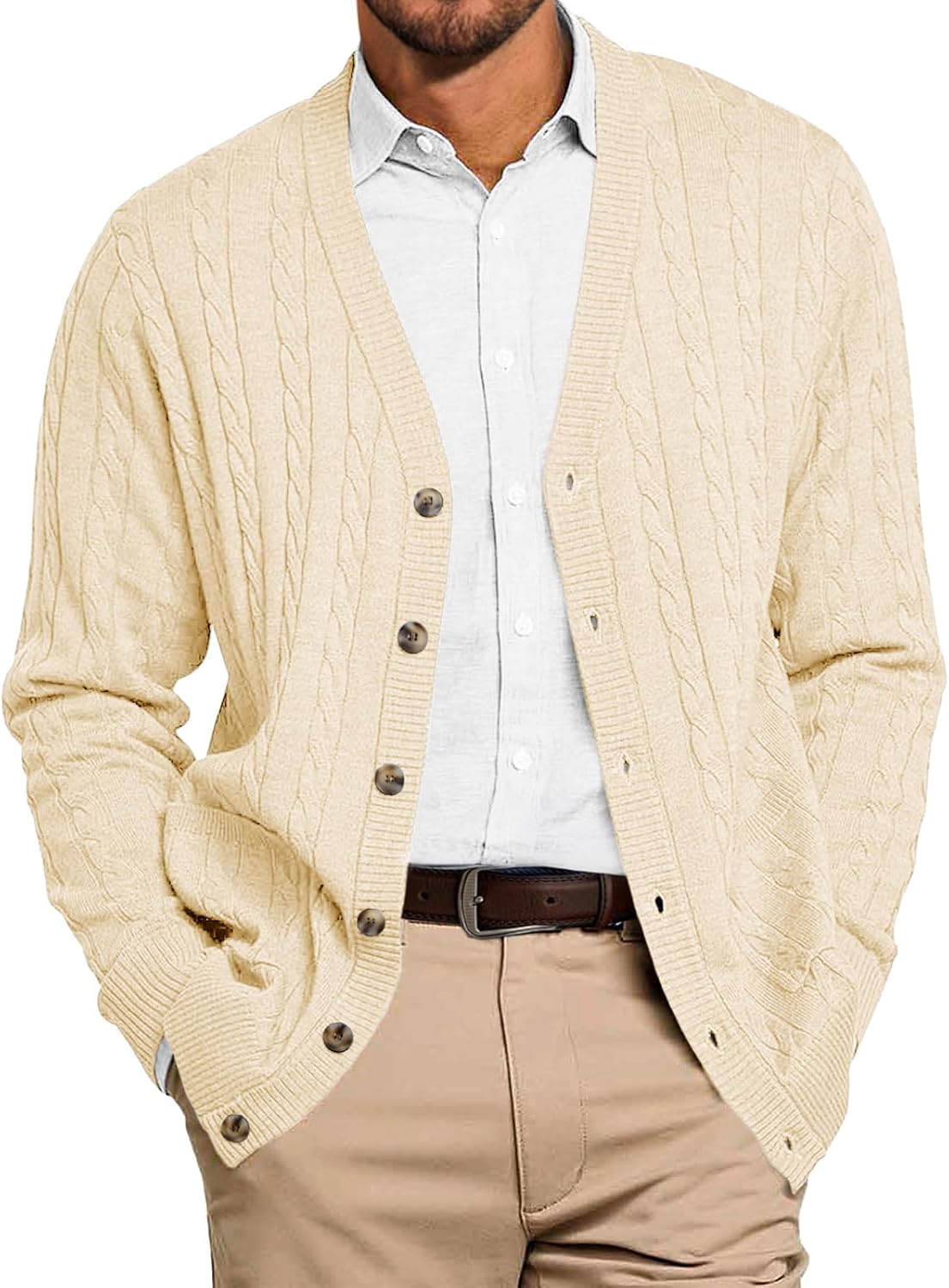 Runcati Mens Cable Knit Cardigan Sweater V Neck Casual Button Down Sweaters Long Sleeve Fall Outwear with Pockets