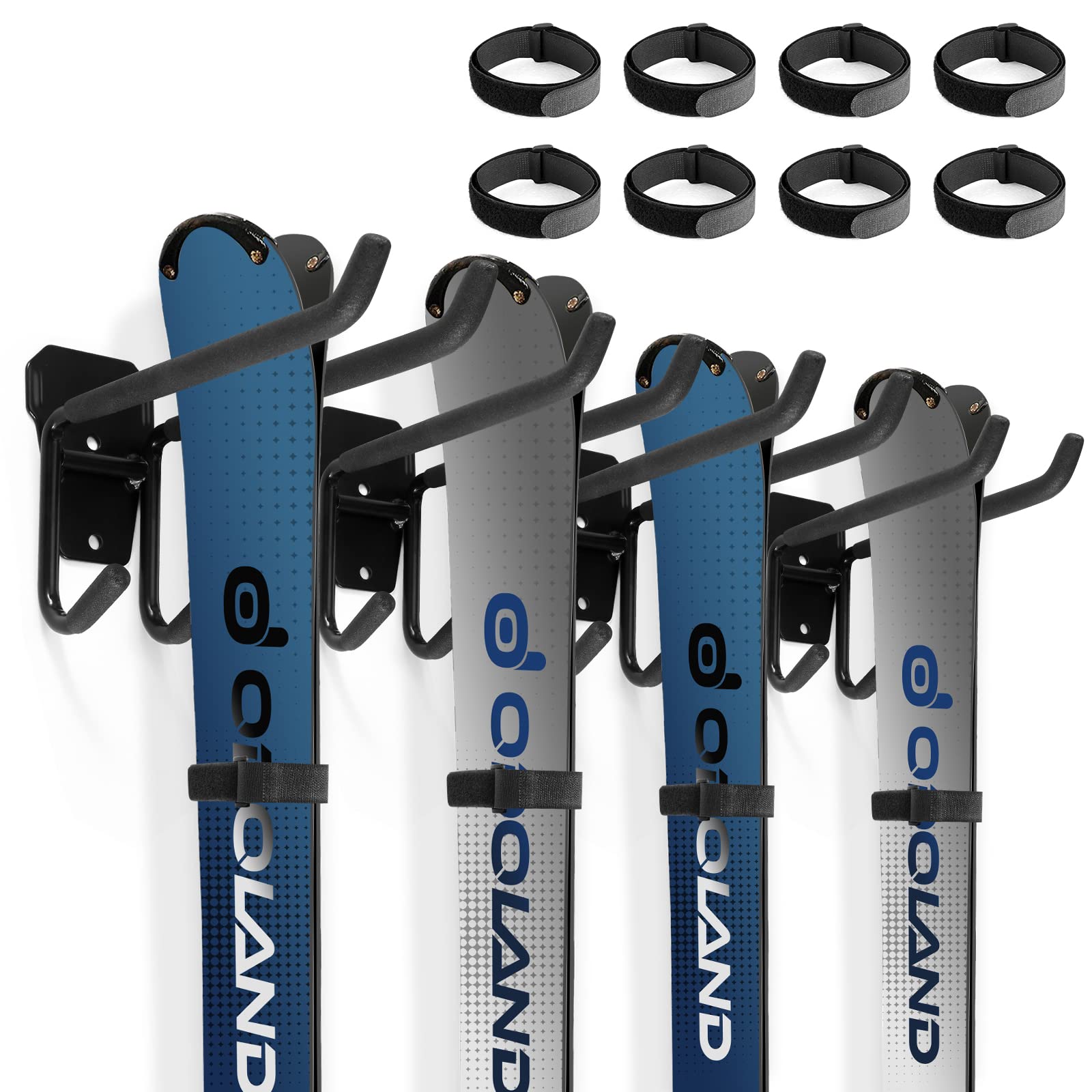 Odoland Kit de Support Rangement pour Skis Peut Contenir 4/2 Paires Snowboards, 4/2 Supports de Stockage Mural avec 8/4 Sangles en Velcro, Support Mural Skis pour Maison et Garage