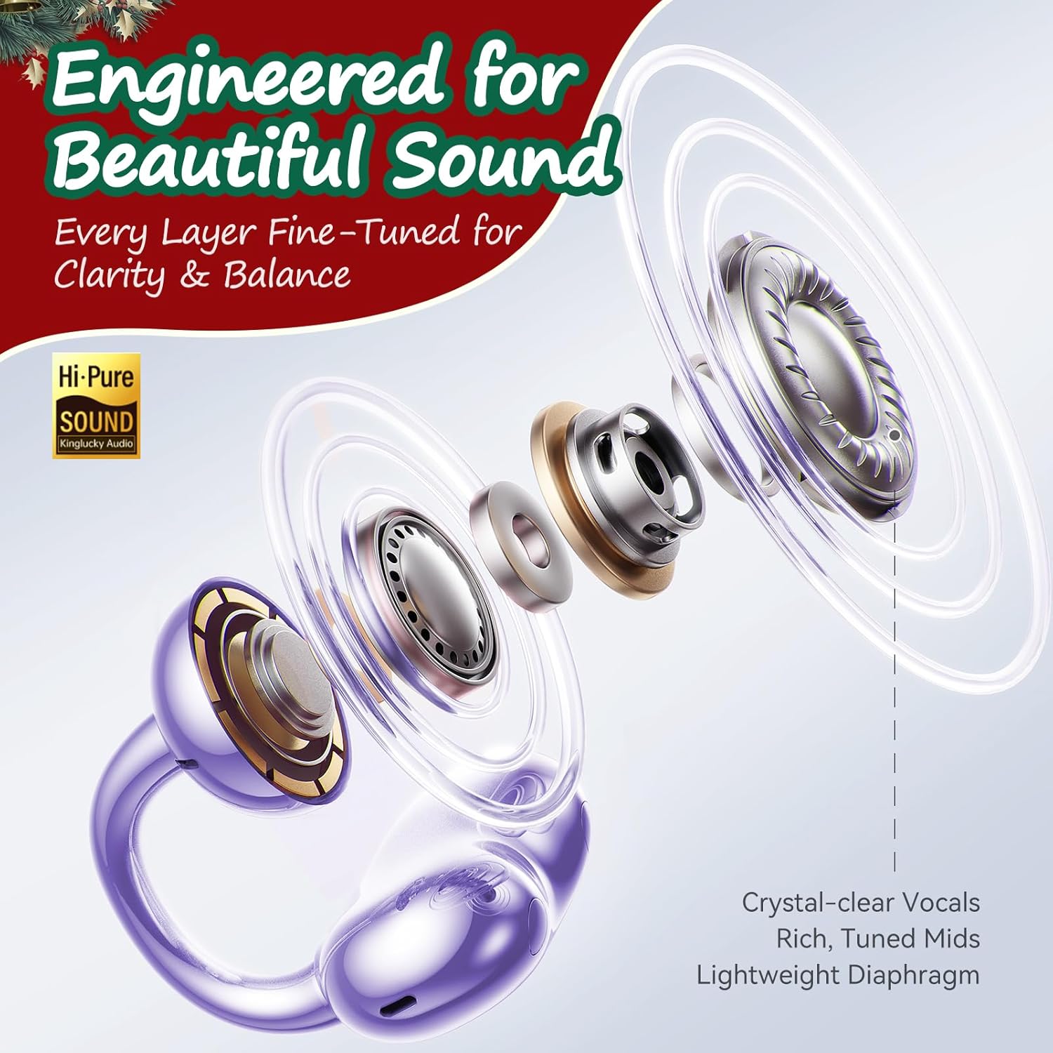 Kinglucky Snowflake Jewelry-Inspired Clip-On Earbuds, Open-Ear Bluetooth Wireless Headphones with Detachable Earrings, 50H Playtime & Comfortable Fit, Perfect for Women &Girls (Purple) - Image 5