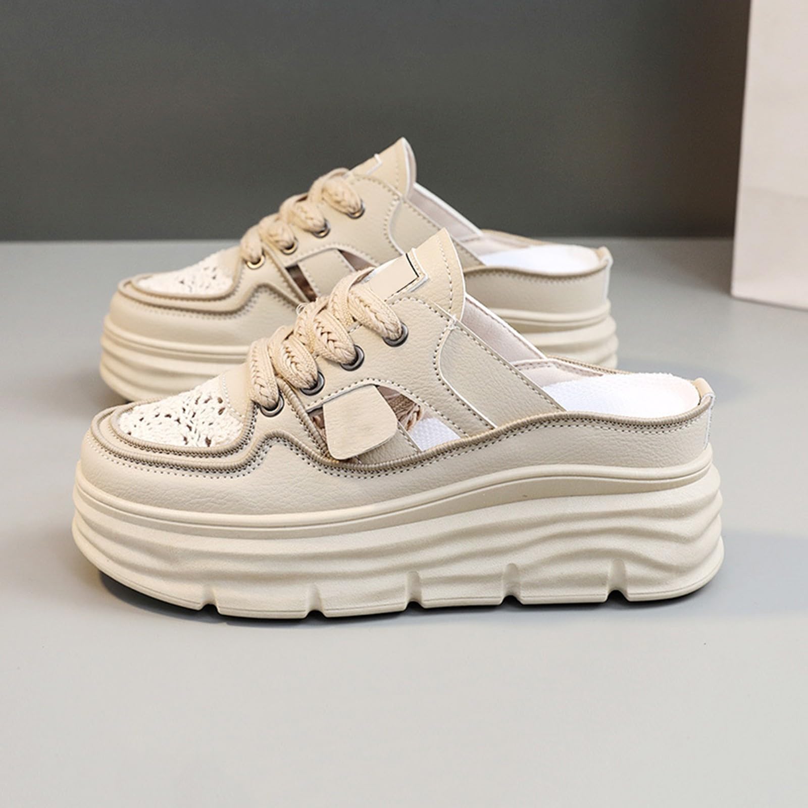 Sabot da donna con plateau, con plateau, beige, stringate, grosse, ritaglio, schiena scoperta, casual, per le date di shopping del fine settimana, cachi, 36 EU