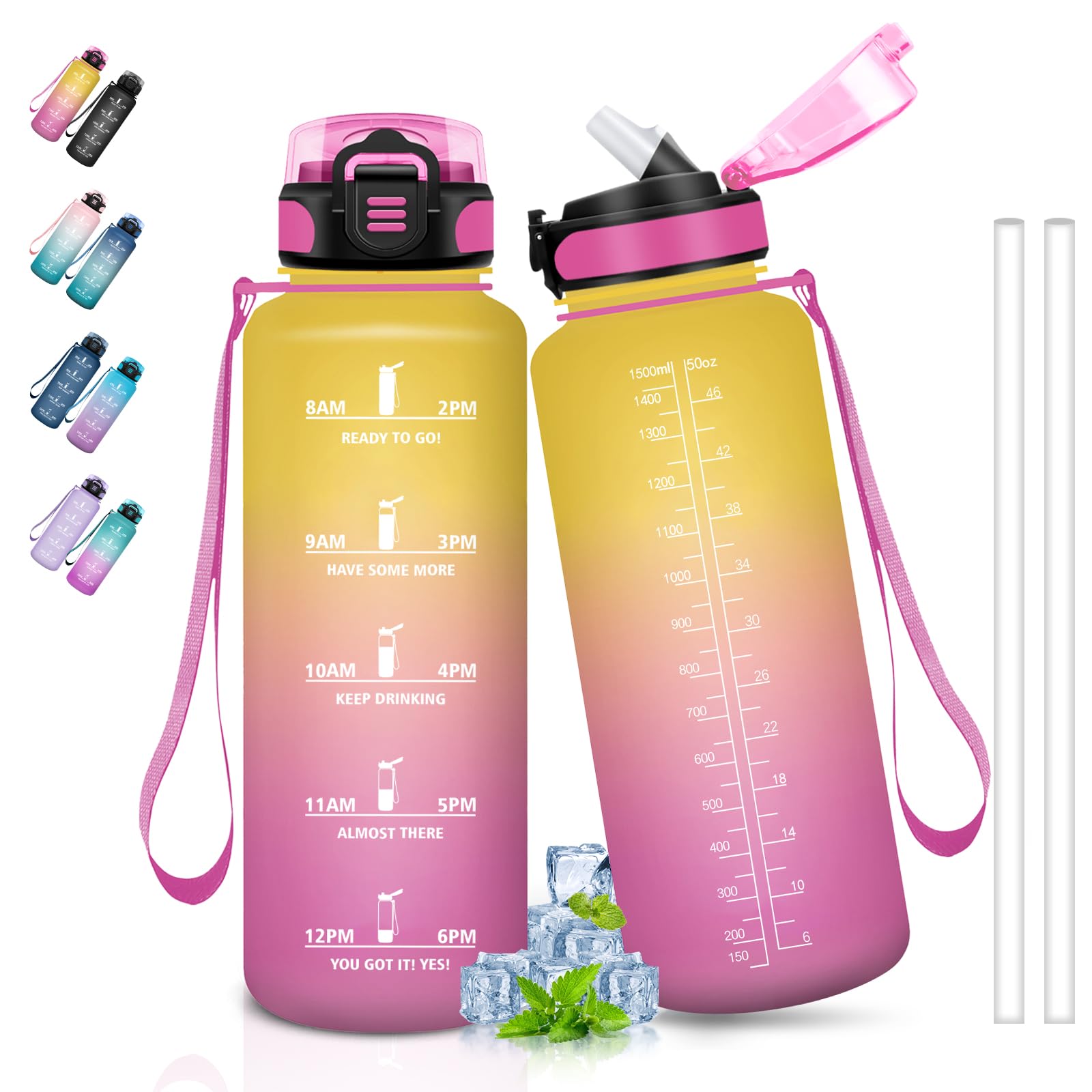 Sport-Trinkflasche 1,5 l, mit Strohhalm, wiederverwendbar, Zeitmarkierung, für Fitnessstudio, Yoga, Laufen, Radfahren, Wandern Sport & Freizeit