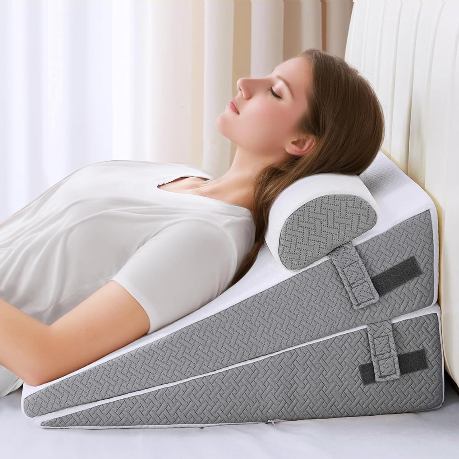 SasttieWedge Pillow, Bed Wedge Pillow Set for After Surgery, Acid Reflux and Sleeping, 3-Piece Detachable Design, Adjustable Height, White & Dark GreyOEKO-TEX STANDARD 100