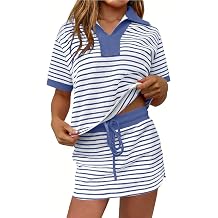 NSICBMNO Co Ord Sets For Women Summer Skirt And Top Sets Striped Lounge Sets Tennis Skirts V Neck T Shirts Two Piece Outfit Short Sleeve Short Pencil Skirt Polo Shirts Tracksuit Full Set