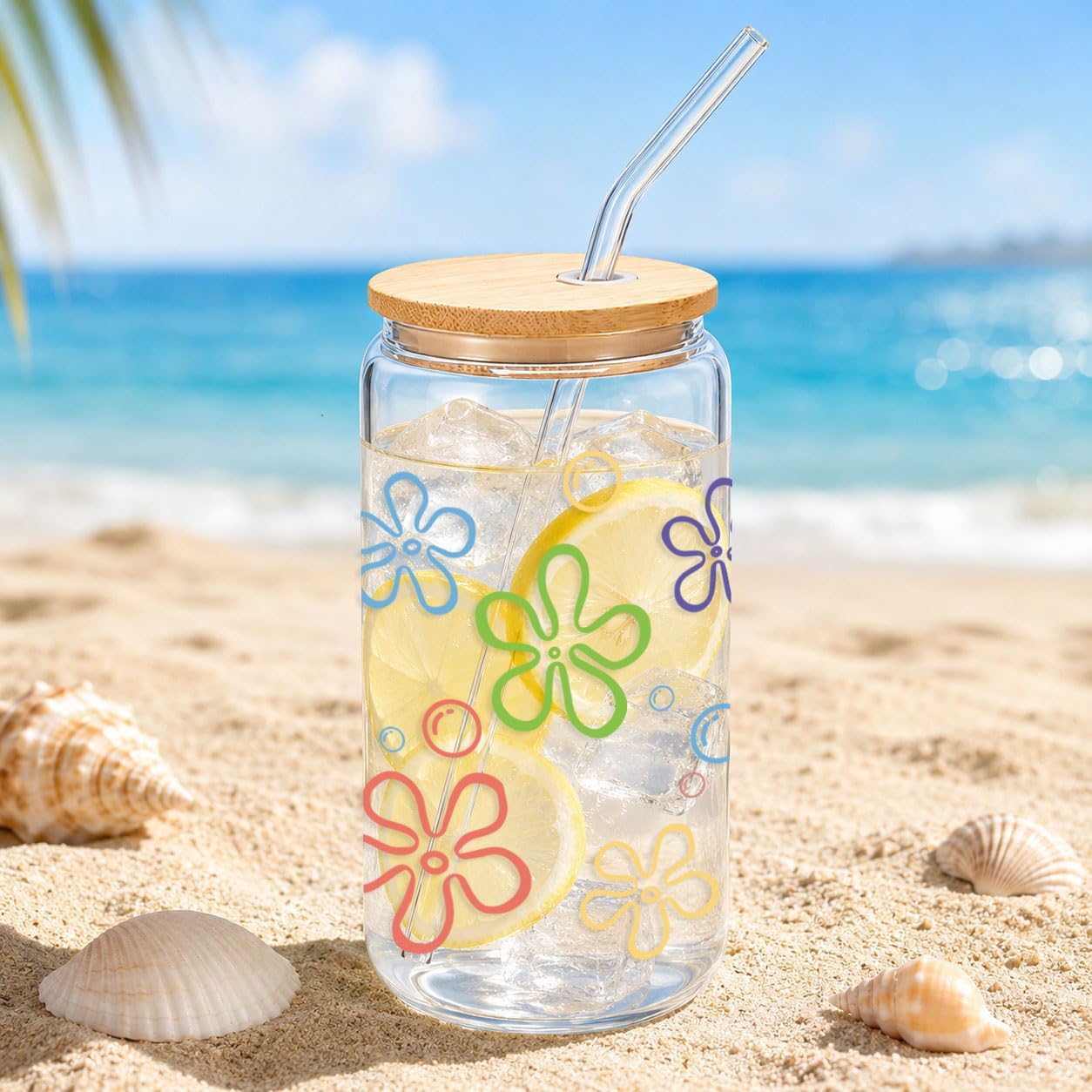 Mikopei Cute Glass Cups with Lids and Straws, Beach Gifts for Women Men