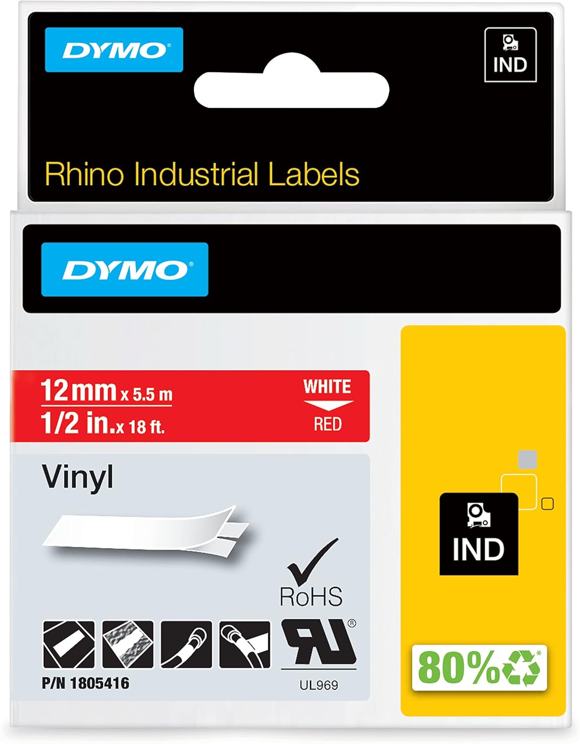 DYMO Industrial Labels for DYMO Industrial Rhino Label Makers, White on Red, 1/2", 1 Roll (1805416)