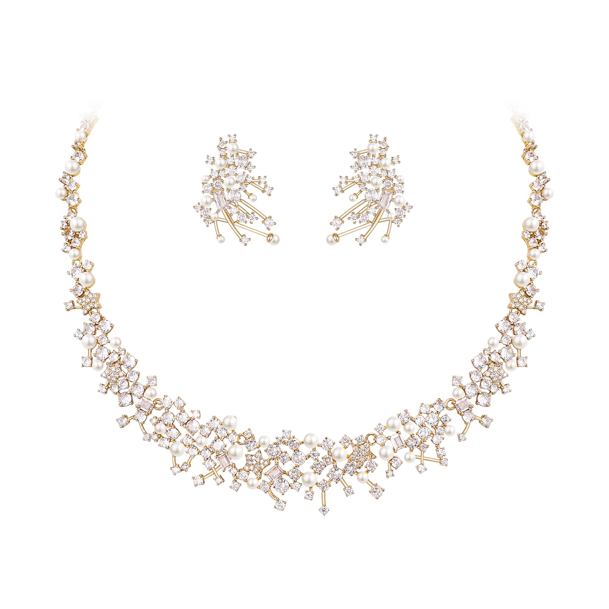 White Faux Pearl Leaf Vine Bridal Cubic Zirconia Jewelry Set for Women