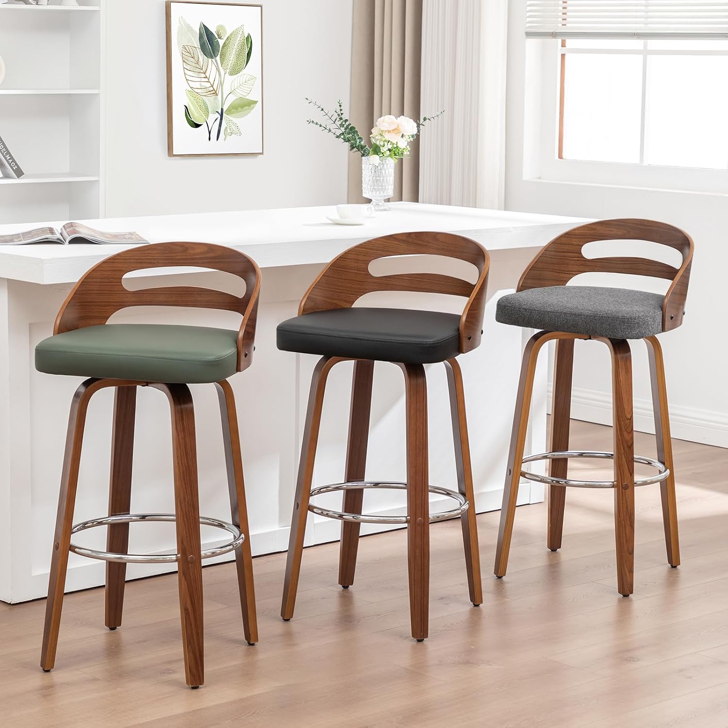 Counter Stool Set of 1, 25 inch Mid Century CounterStool with Walnut Crafts, Bentwood Curved Back, Upholstered Faux Leather, Kitchen Island Stool for Cafe/Pub/Island (Beige, 25" Seat Height)