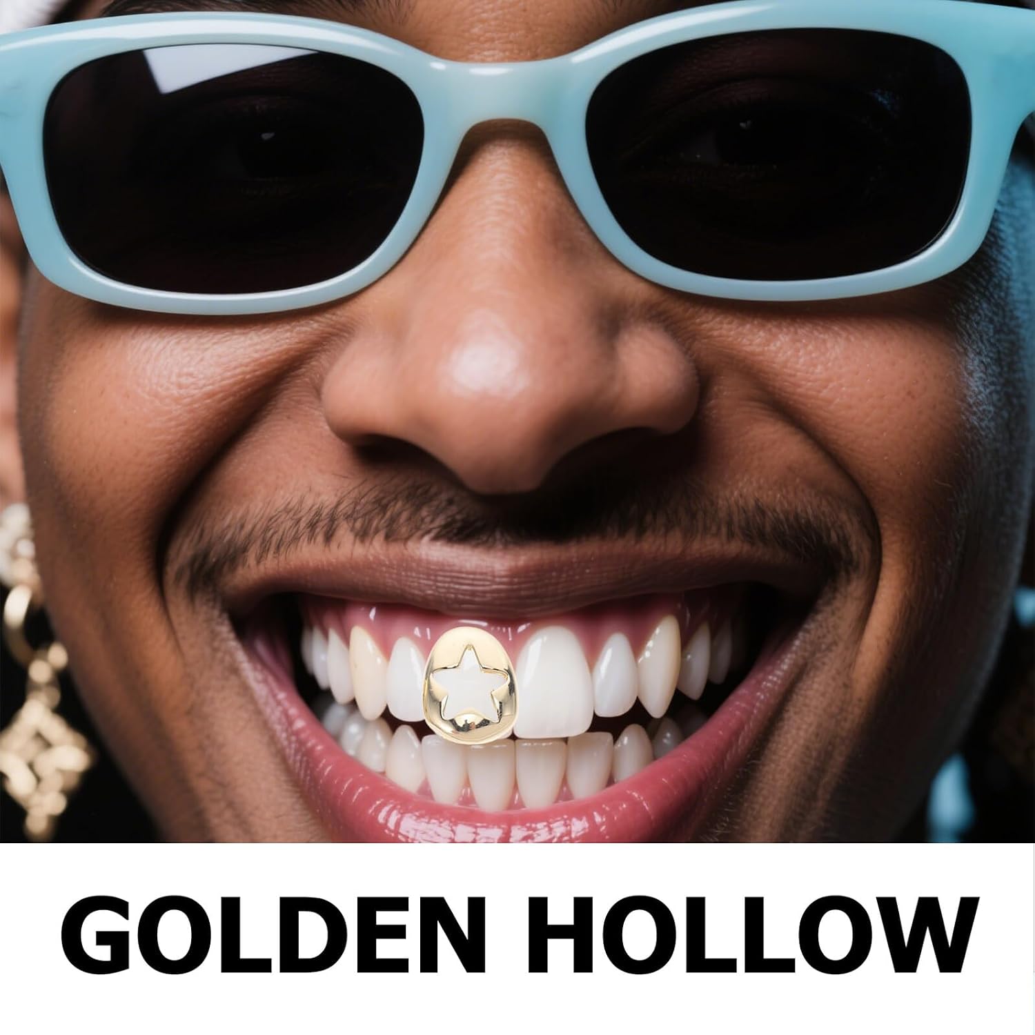 4pcs Hip Hop Gold Plated Hollow Rose Shape Pentagram Teeth Grills Punk Costume Mouth Caps for Halloween Party Accessories