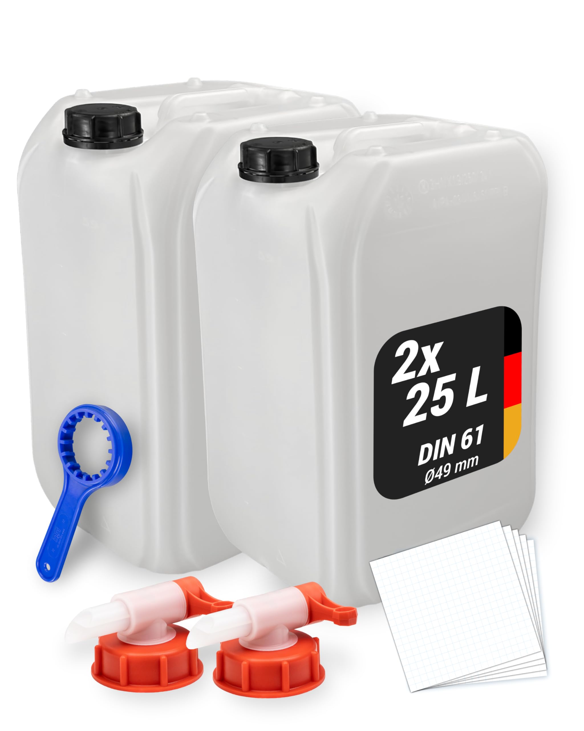 Trevendo 2er-Set Wasserkanister - Leerkanister - Kunststoffkanister (25 Liter, DIN 61, Ø49 mm) - lebensmittelecht & BPA-frei - inkl. Deckel, 2 Auslaufhähne, Ringschlüssel & 5 Beschriftungsetiketten
