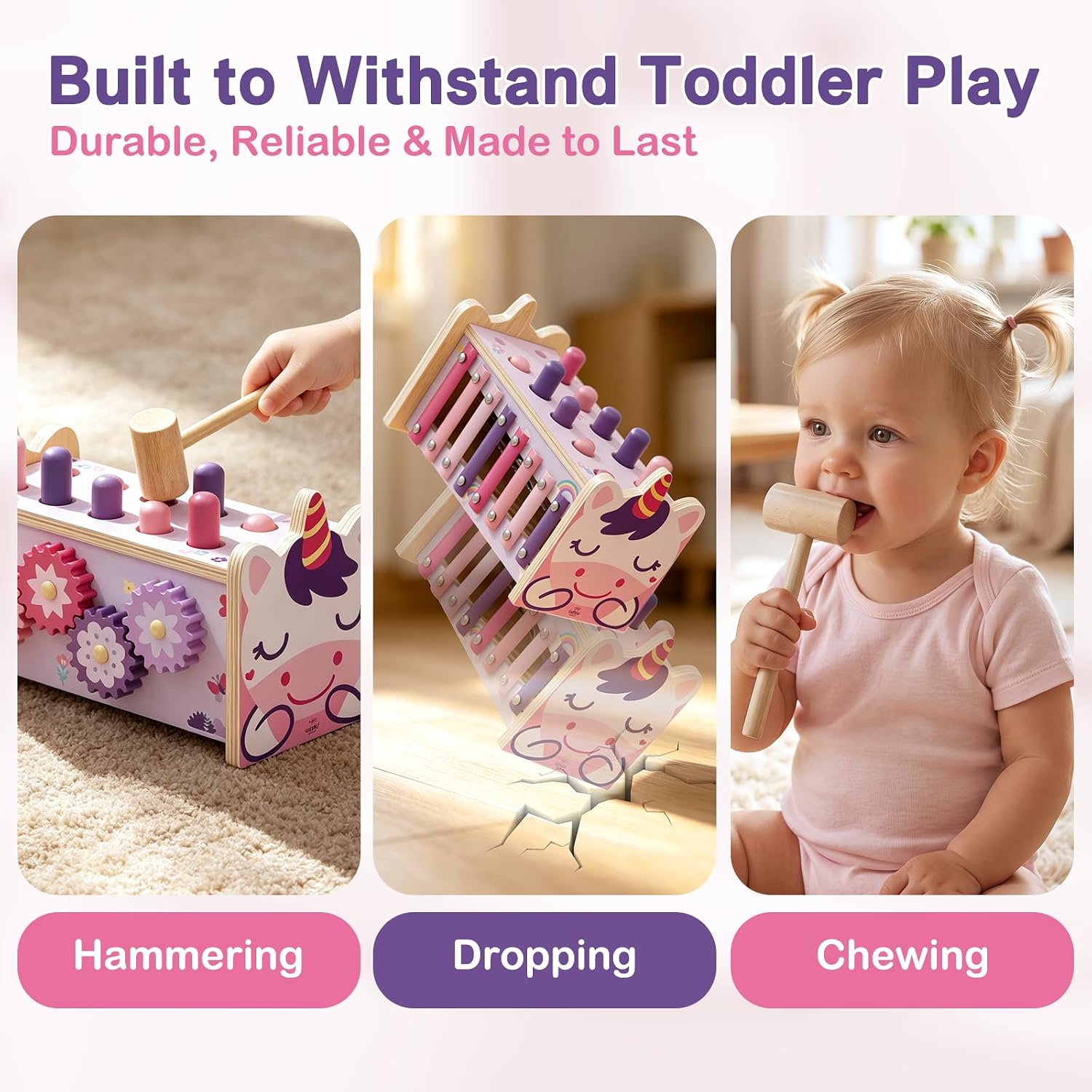 Wooden Montessori Toys for 1 Year Old, 1st Birthday Gift for Girls 1-3 | Pounding Hammering Toy with Xylophone, Toddler Learning Toy, Pink Unicorn Design, Educational Musical Baby Toy 12-18 mouth