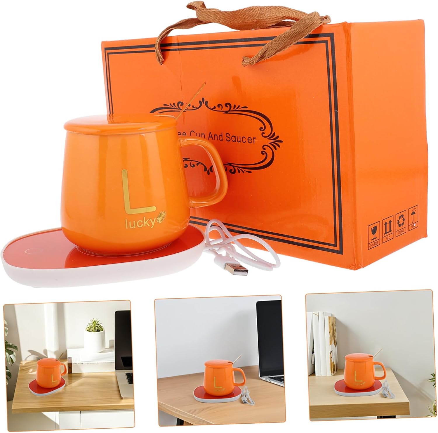 Electric Coffee Warmer Mug Set with Lid and Spoon USB Thermal Cup for Office and Home Use Multifunctional Hot Drink Heater in Box Orange