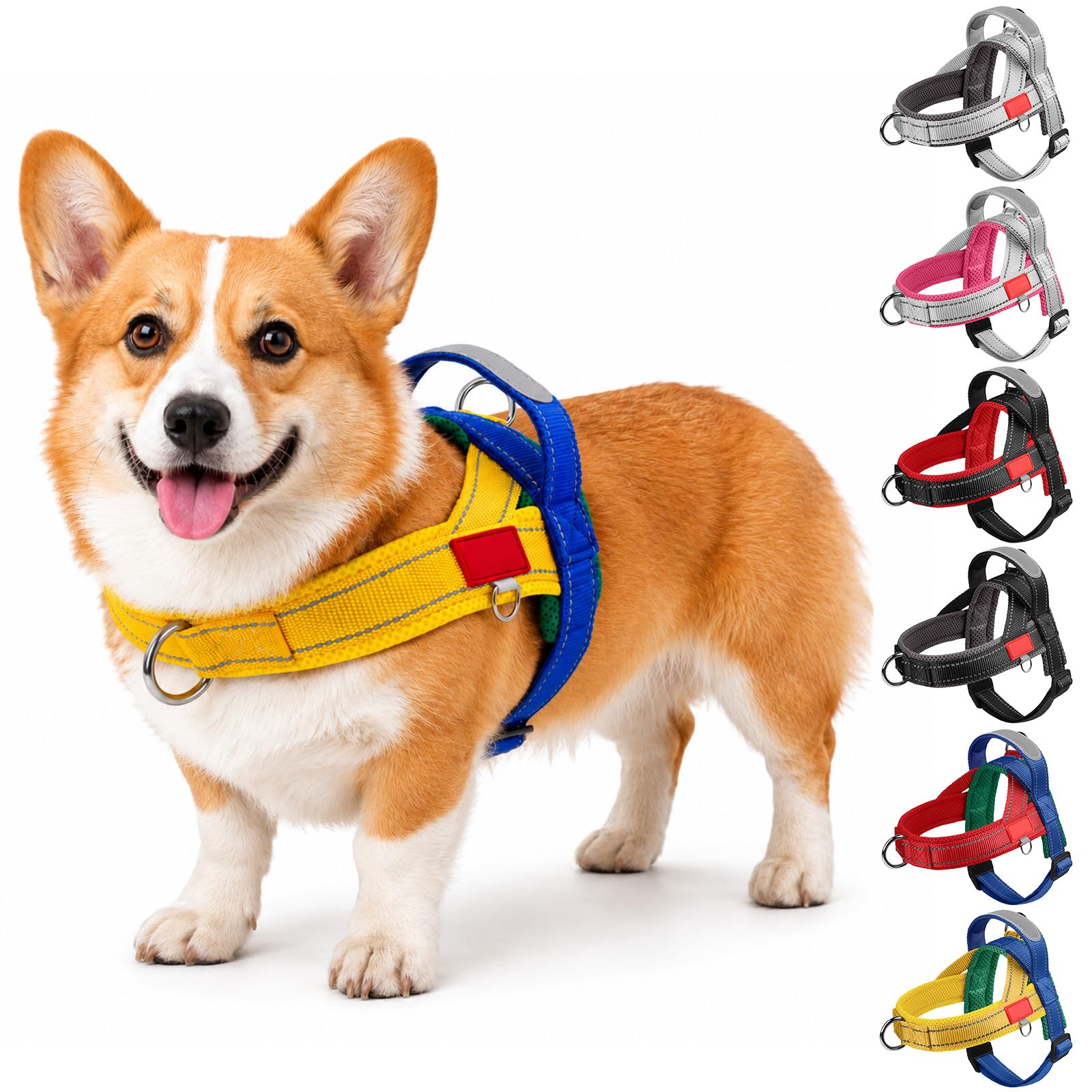 BoloShine Dog Harness with Handle, No Pull Dog Harness with Release Buckle and 2 Leash Clip, Padded Adjustable Reflective No-Choke Pet Vest for Small Medium Breed Puppy Walking (Blue and Yellow, S)