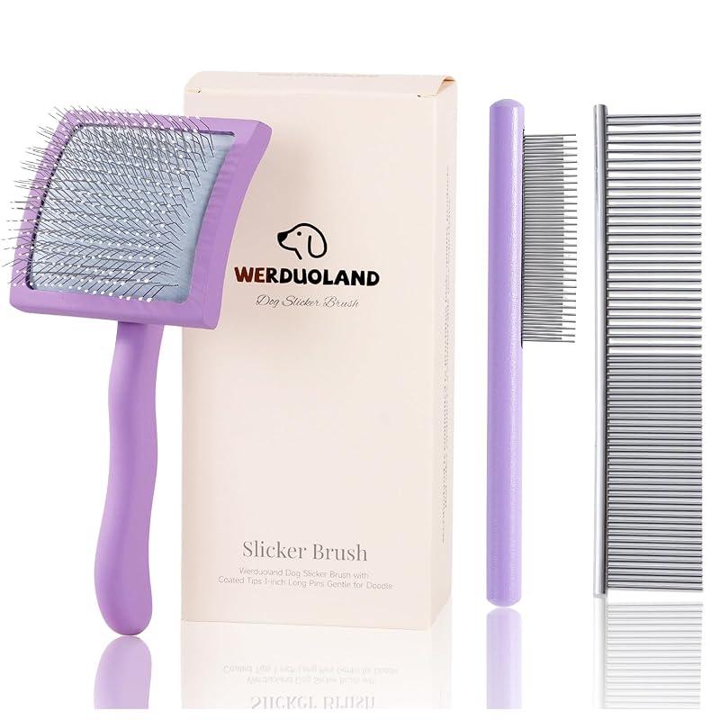 Escova Slicker para Cães de Pelo Longo com Pinos Revestidos e Cabo de Madeira Werduoland, Pacote com 3 Peças