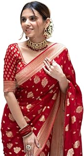 Women's Banarasi Silk Saree with Golden Zari Weaving | Festive Wear (Red)