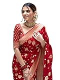 Women's Banarasi Silk Saree with Golden Zari Weaving | Festive Wear (Red)