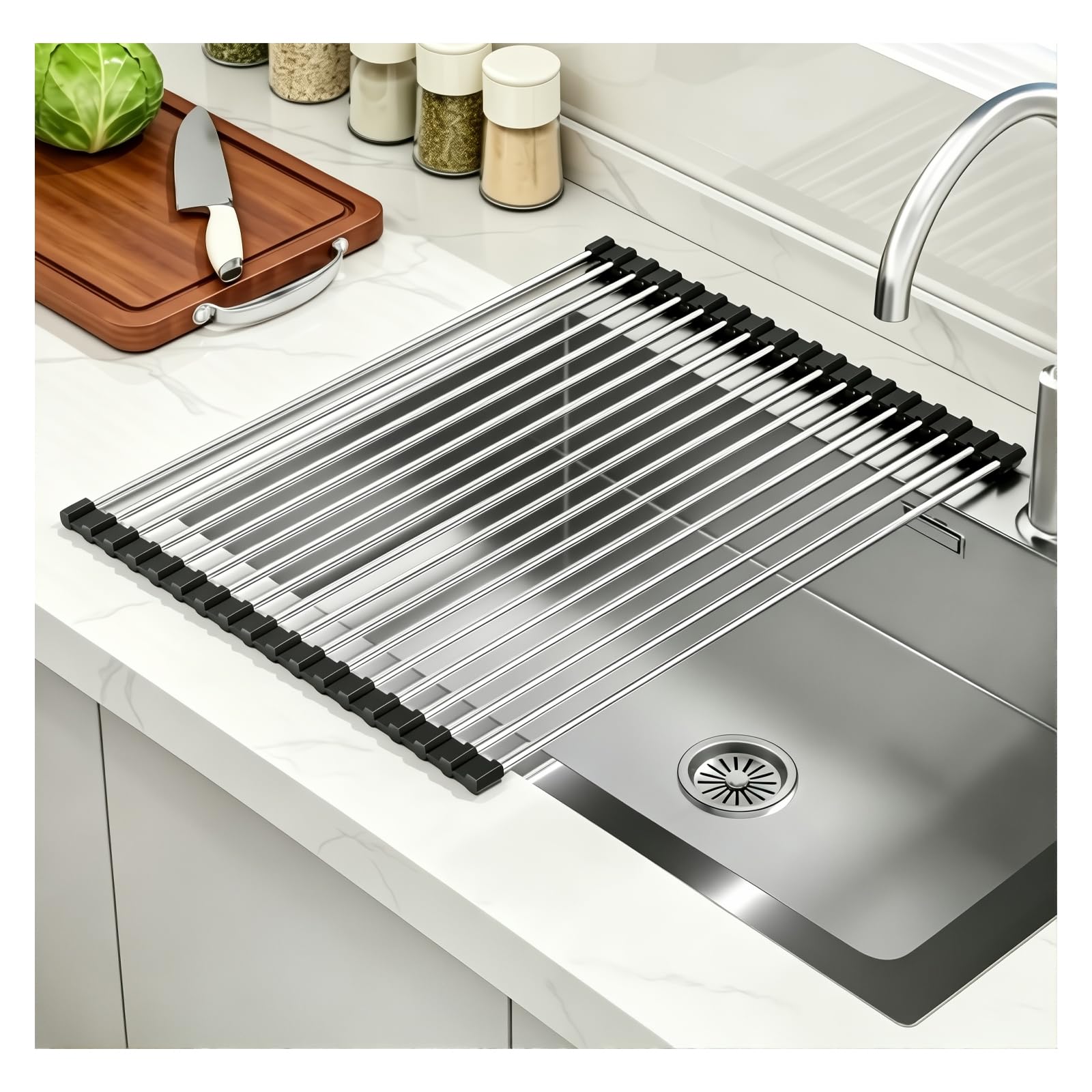 SYLYNR Over Sink Drainer Rack, Foldable Stainless Steel Dish Drying, Dish Drainer Rack for Mugs, Fruit, Vegetables, Tableware, Draining Board Rack, Kitchen Plate Rack, 18 Tube,43 x 35cm, Black — image 1