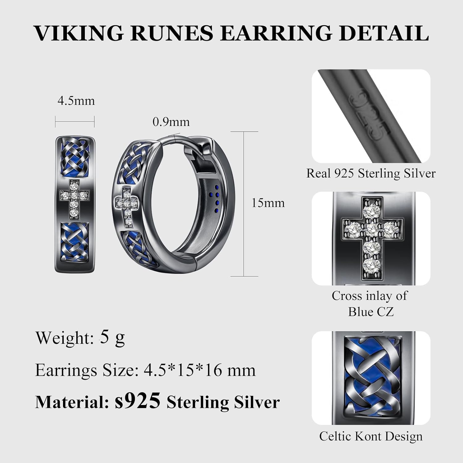 Hoop Earrings Men | 925 Sterling Silver Mens Cross Earrings | Birthday Christmas Gift for Men, 14K/White Gold Plating Hypoallergenic Jewerly for Sensitive Ears | Lightweight Punk Huggie Earring - Image 5