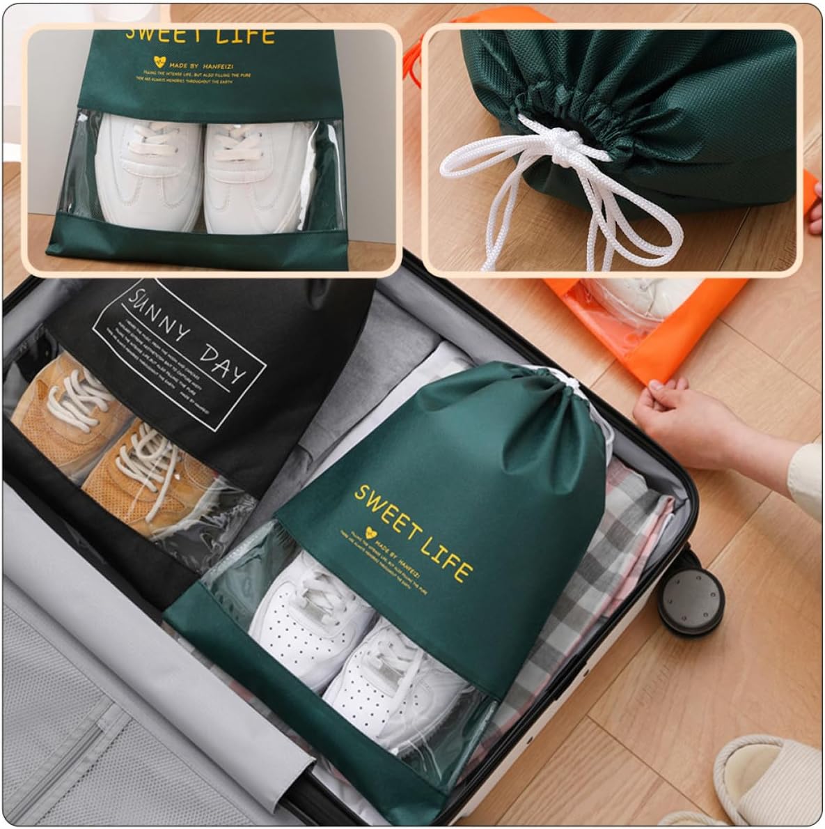 6pcs Drawstring Shoe Pouches Non-woven Dustproof Shoe Bags 26x37cm Travel Organizer for Men and Women