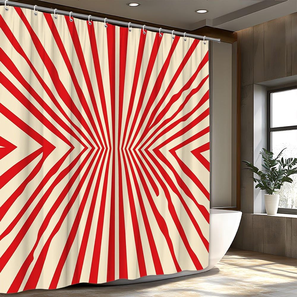 Zasłona prysznicowa w czerwono-białe paski promieniowe i ukośne z haczykami w zestawie, wzór z iluzją optyczną, do łazienki (240 x 200 cm // szerokość x wysokość)