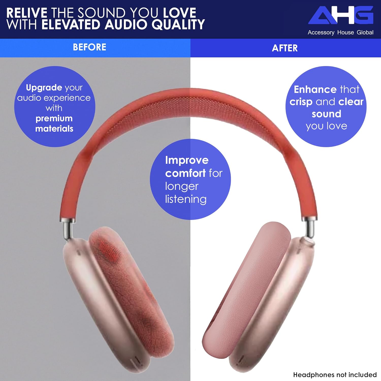 AHG Accessory House Global Upgraded Sheepskin Leather Replacement air pods max Ear Cushions Pads Compatible with Apple AirPods Max Headphones (Pink). Easy DIY Fit | High-Density Foam | Strong Magnet