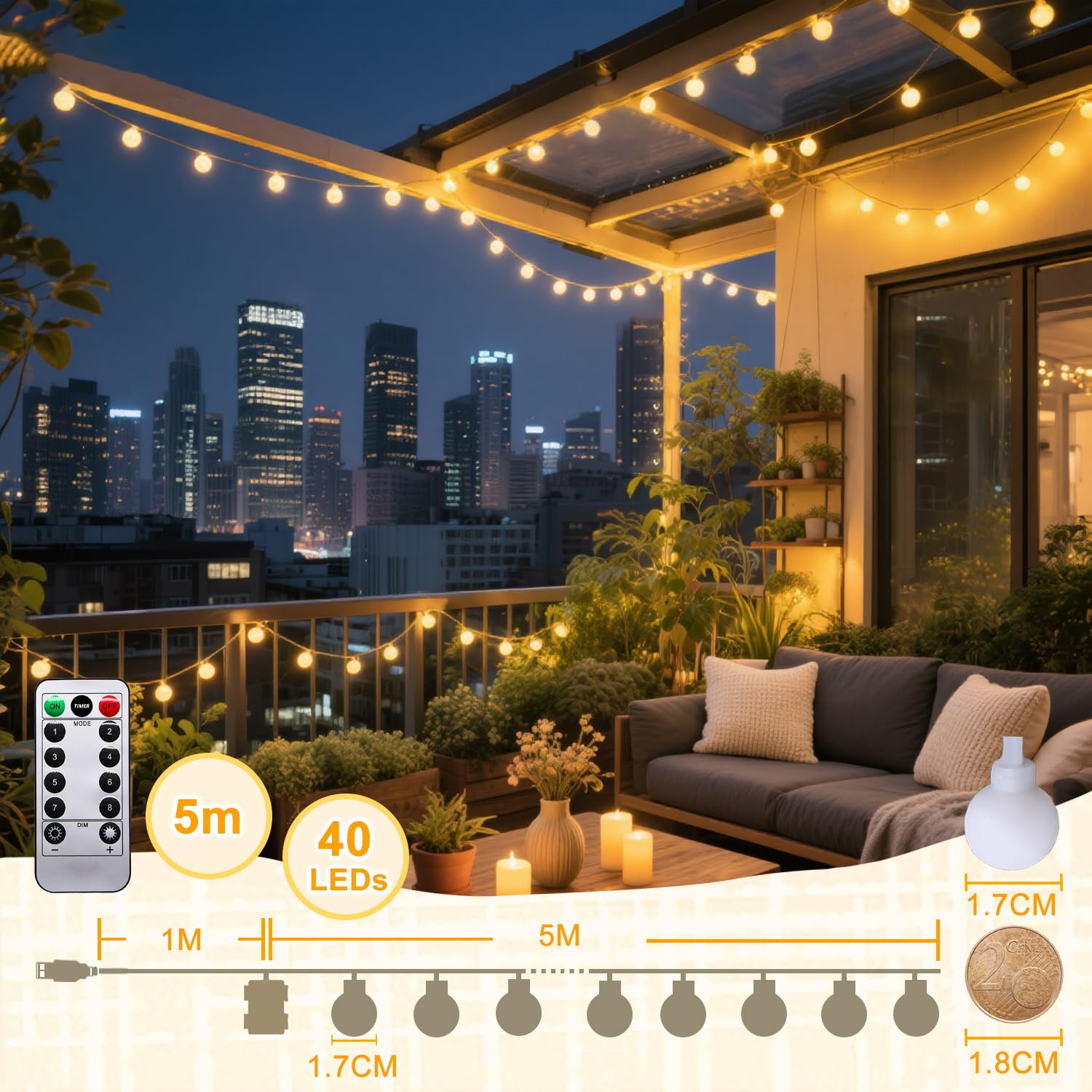 taiyongkang Guirnalda Luces, 6M 40LED Luces de Cadena, USB o a Pilas, 8 Modos con Control Remoto y Temporizador, Luce Decorativas para Interior y Exterior, Navidad, Bodas, Jardín, Terraza, Balcón