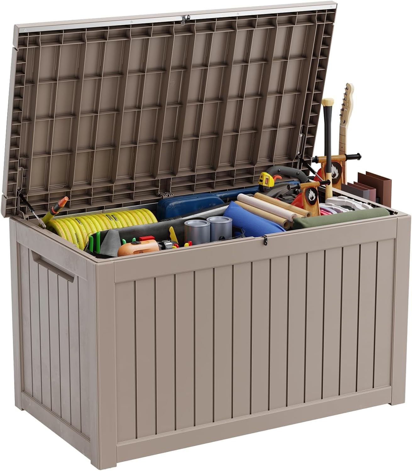 PatioZen 280 Gallon Outdoor Deck Box,Waterproof Resin Outdoor Storage Boxes, Outside Storage Lockable Container for Garden Tools,Indooor Cushions,Accessories (Grey)