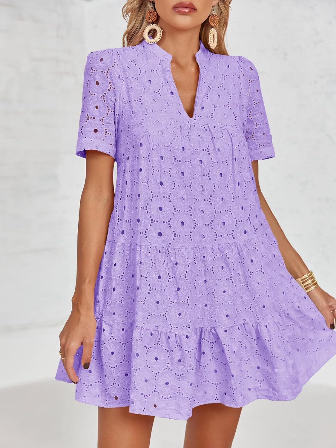 Imily Bela Womens Summer Lace Dresses Eyelet Casual Flowy Babydoll Swing Short Sleeve V Neck Tunic Dress - Image 2