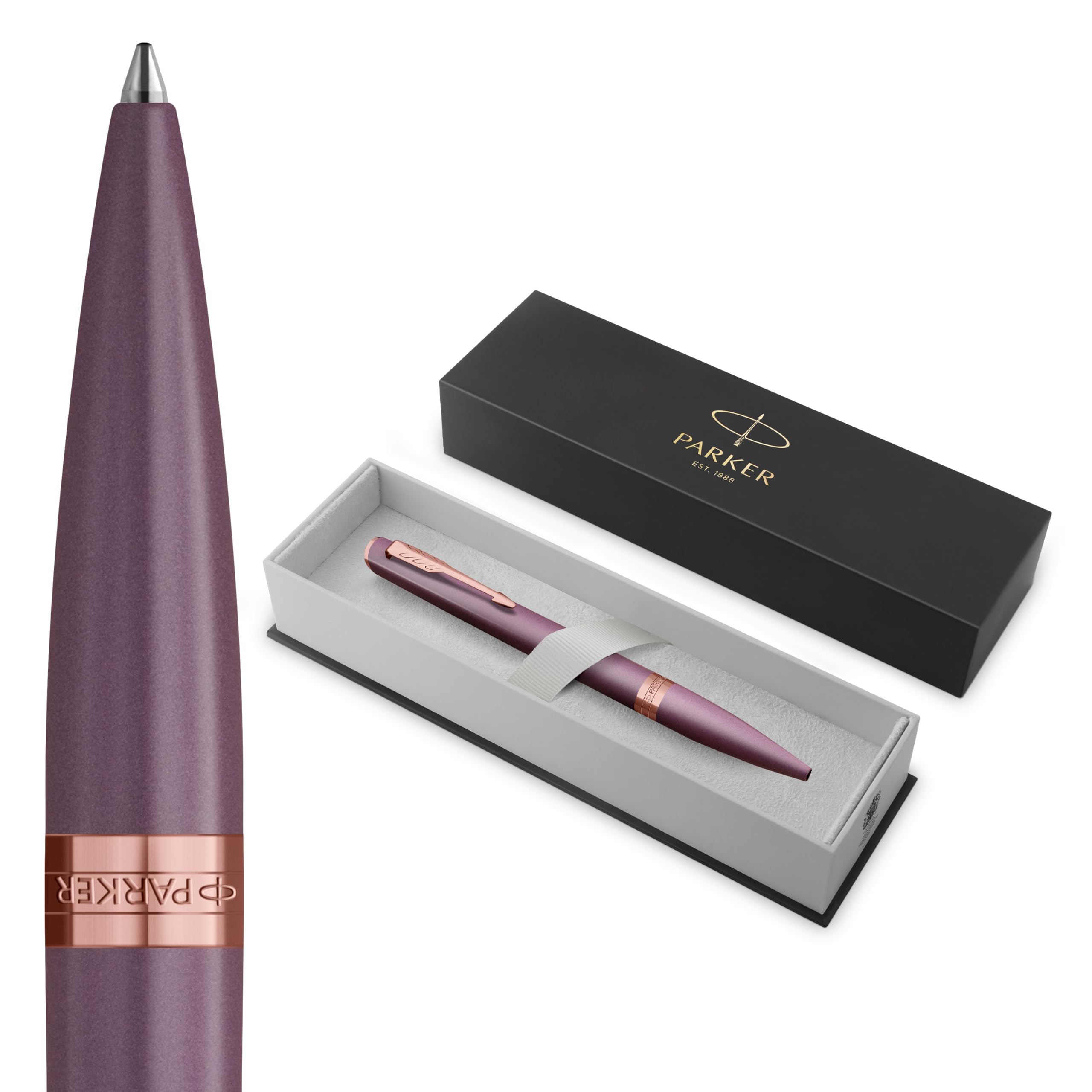 Parker Meridian Stylo à bille | Laque violette avec des bordures or rose | Plume moyenne | Stylos pour l'écriture et Fournitures de papeterie | Encre bleue | Boîte cadeau de luxe